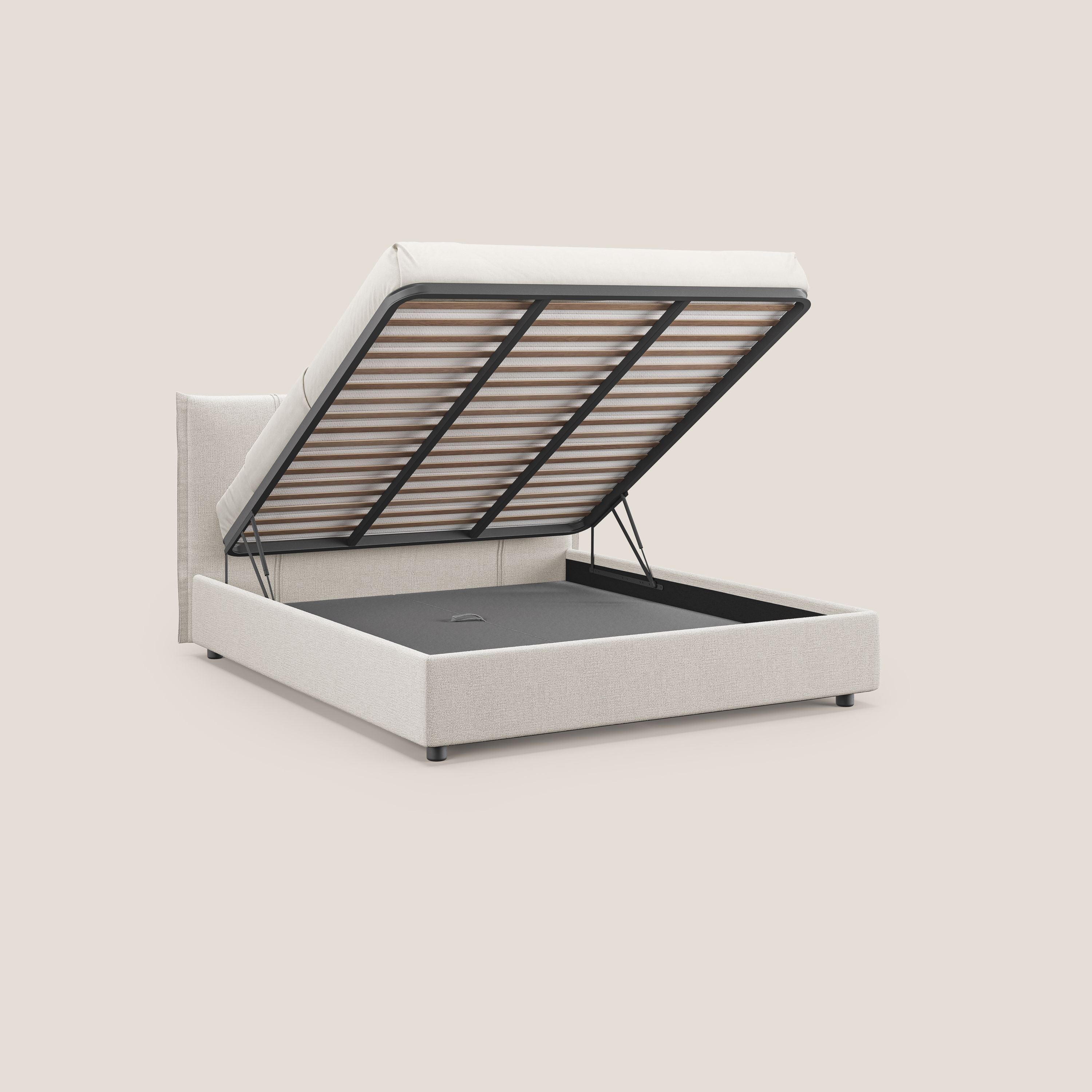 Alicia letto imbottito con vano contenitore in tessuto impermeabile T14 panna - divani.store