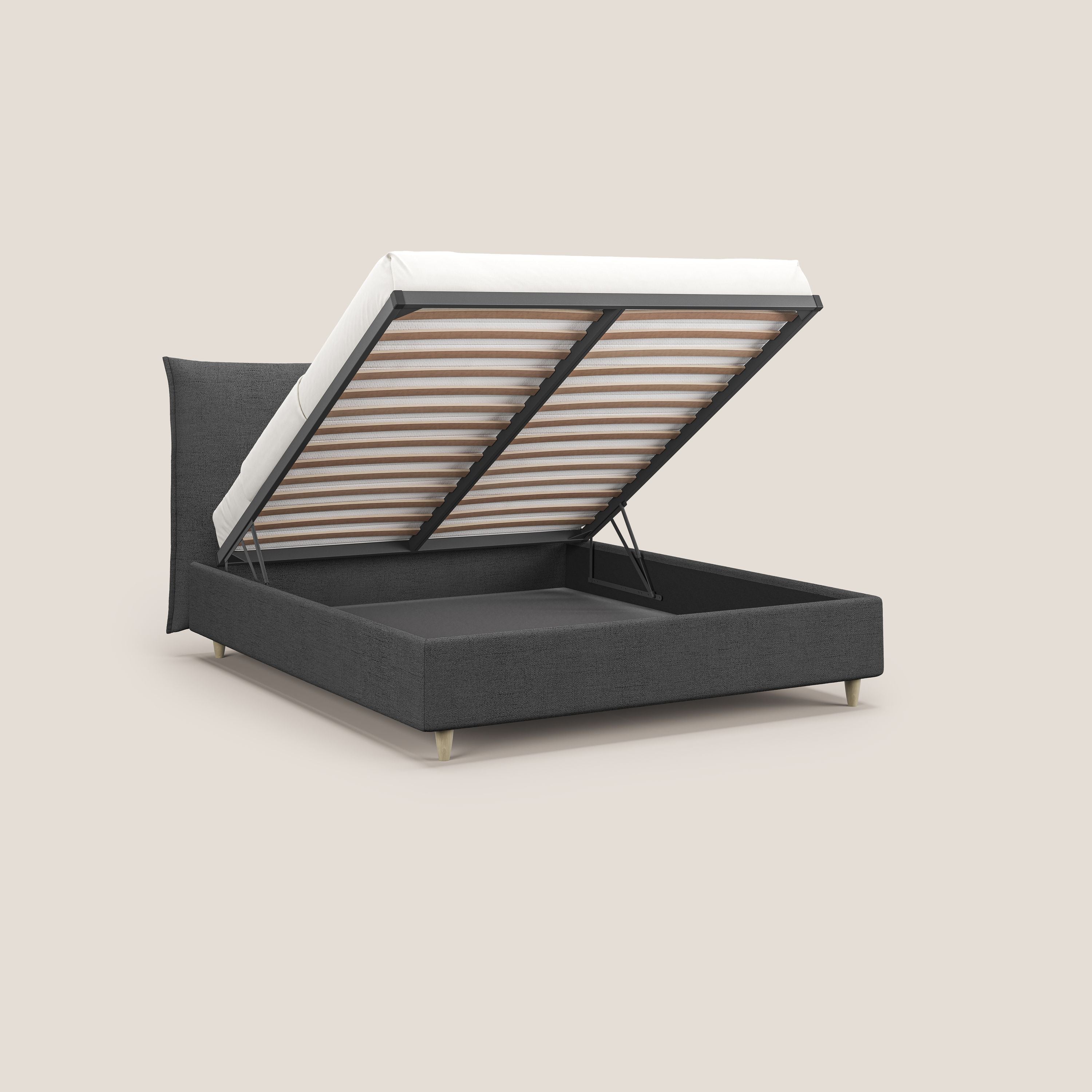 Audrey letto imbottito contenitore e sfoderabile in tessuto fiammato impermeabile T03 grigio - divani.store