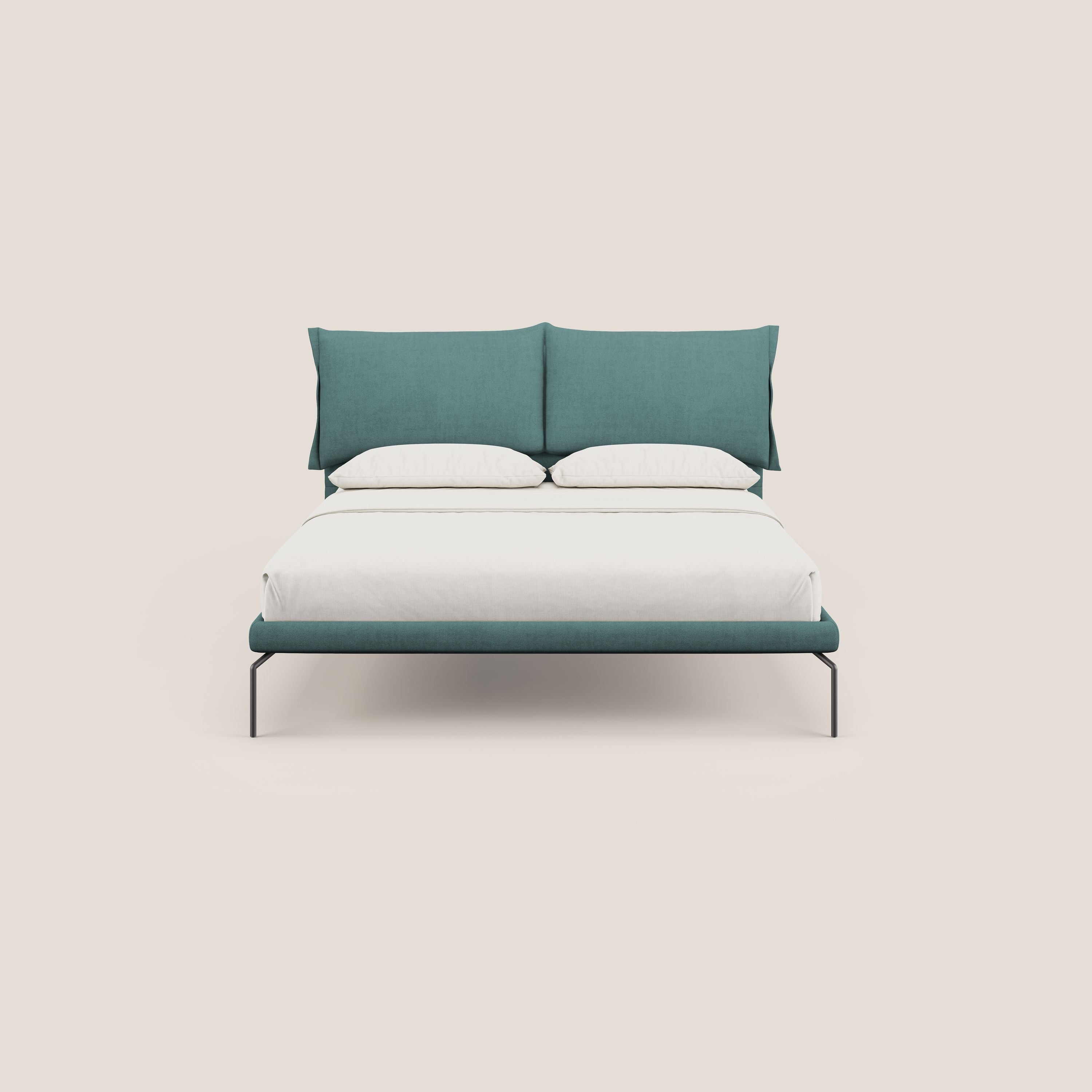 Bice letto imbottito con cuscini e piedi alti in metallo in tessuto impermeabile T02 petrolio - divani.store