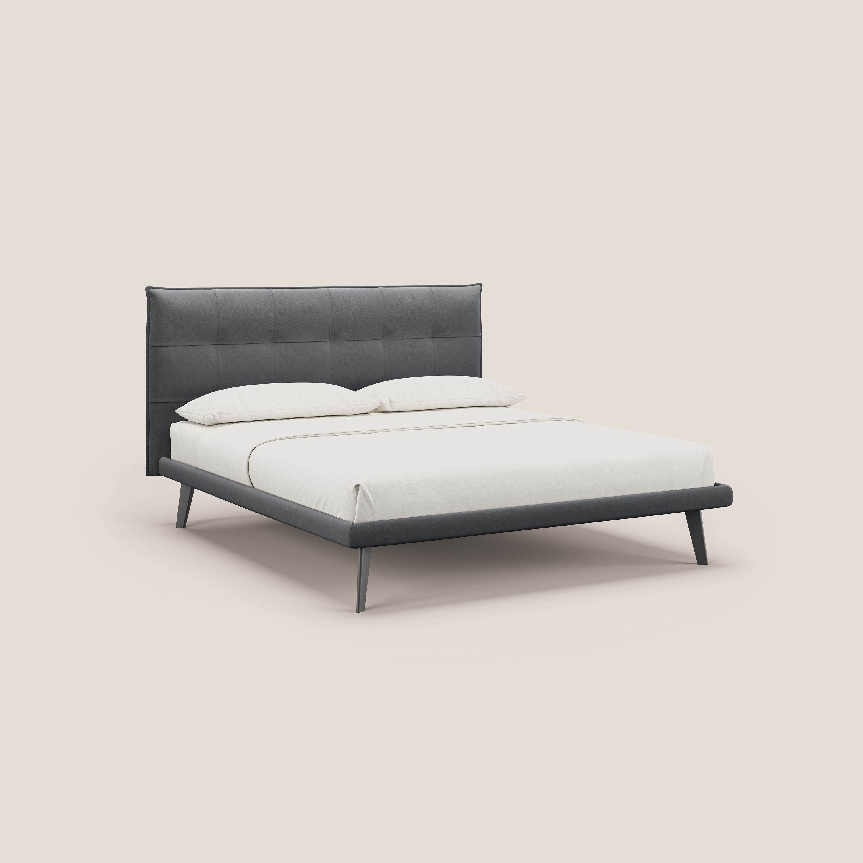 Brigitte letto con testata trapuntata piedi alti in mogano e tessuto impermeabile T09 grigio - divani.store