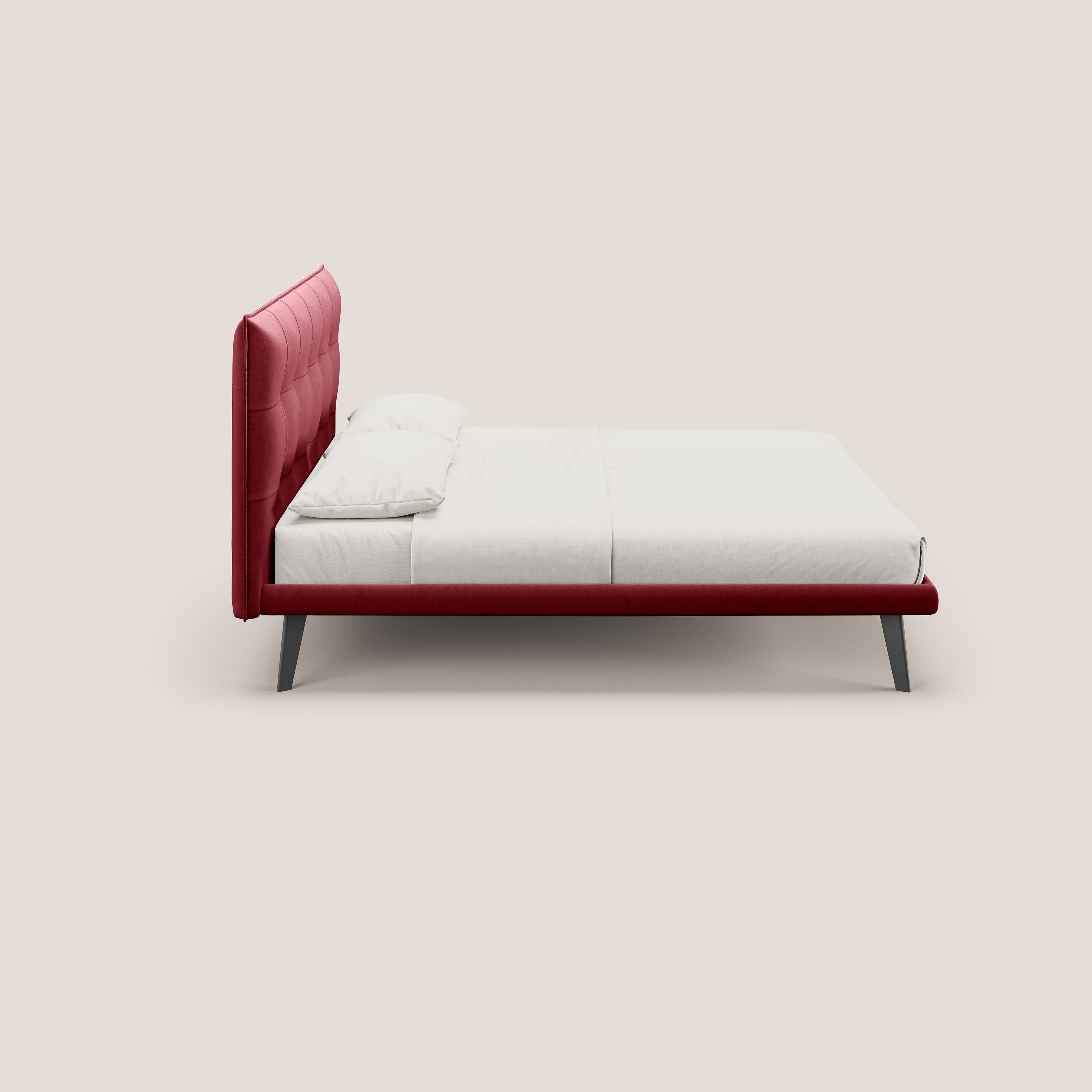 Brigitte letto con testata trapuntata piedi alti in mogano e tessuto impermeabile T09 rosso - divani.store