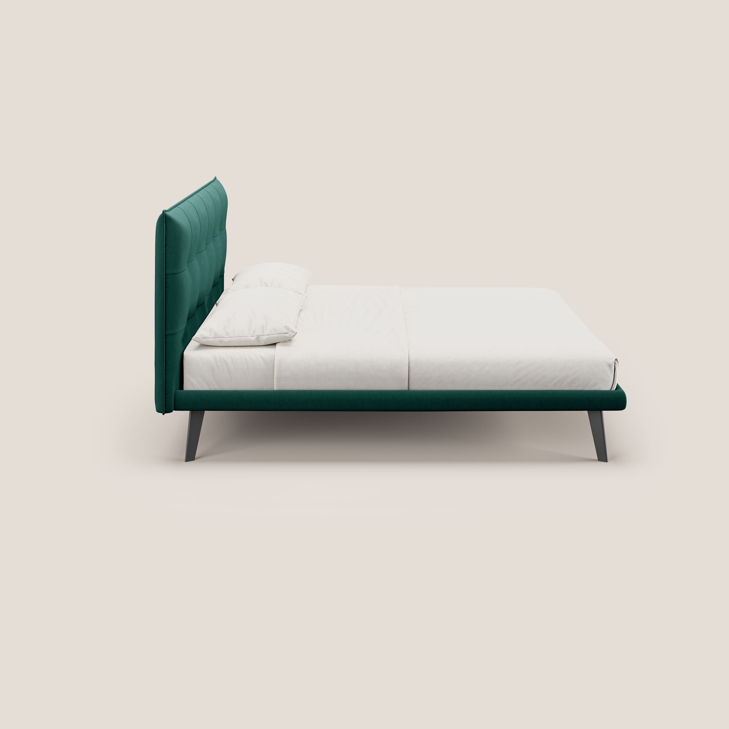 Brigitte letto con testata trapuntata piedi alti in mogano e tessuto impermeabile T09 verde - divani.store