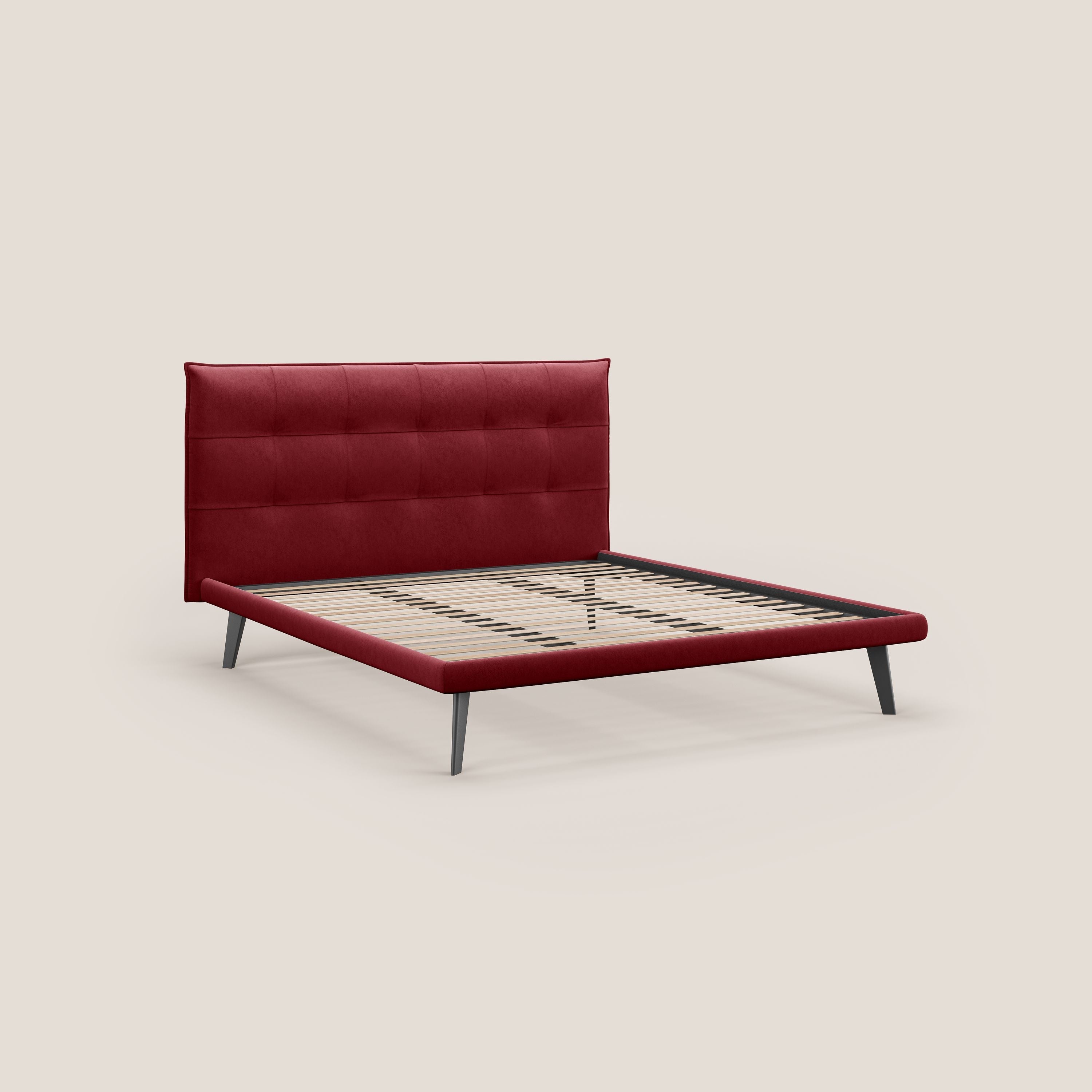 Brigitte letto con testata trapuntata piedi alti in mogano e tessuto impermeabile T09 rosso - divani.store