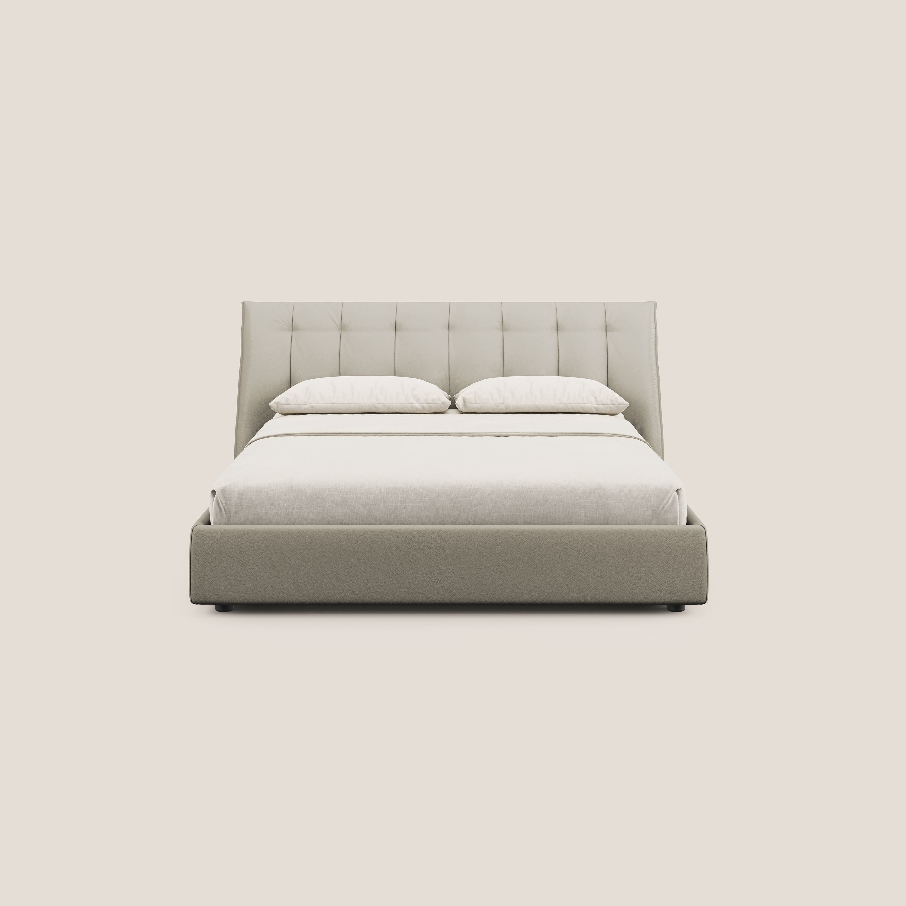 Clizia letto imbottito di design con vano contenitore in ecopelle impermeabile T04 tortora - divani.store