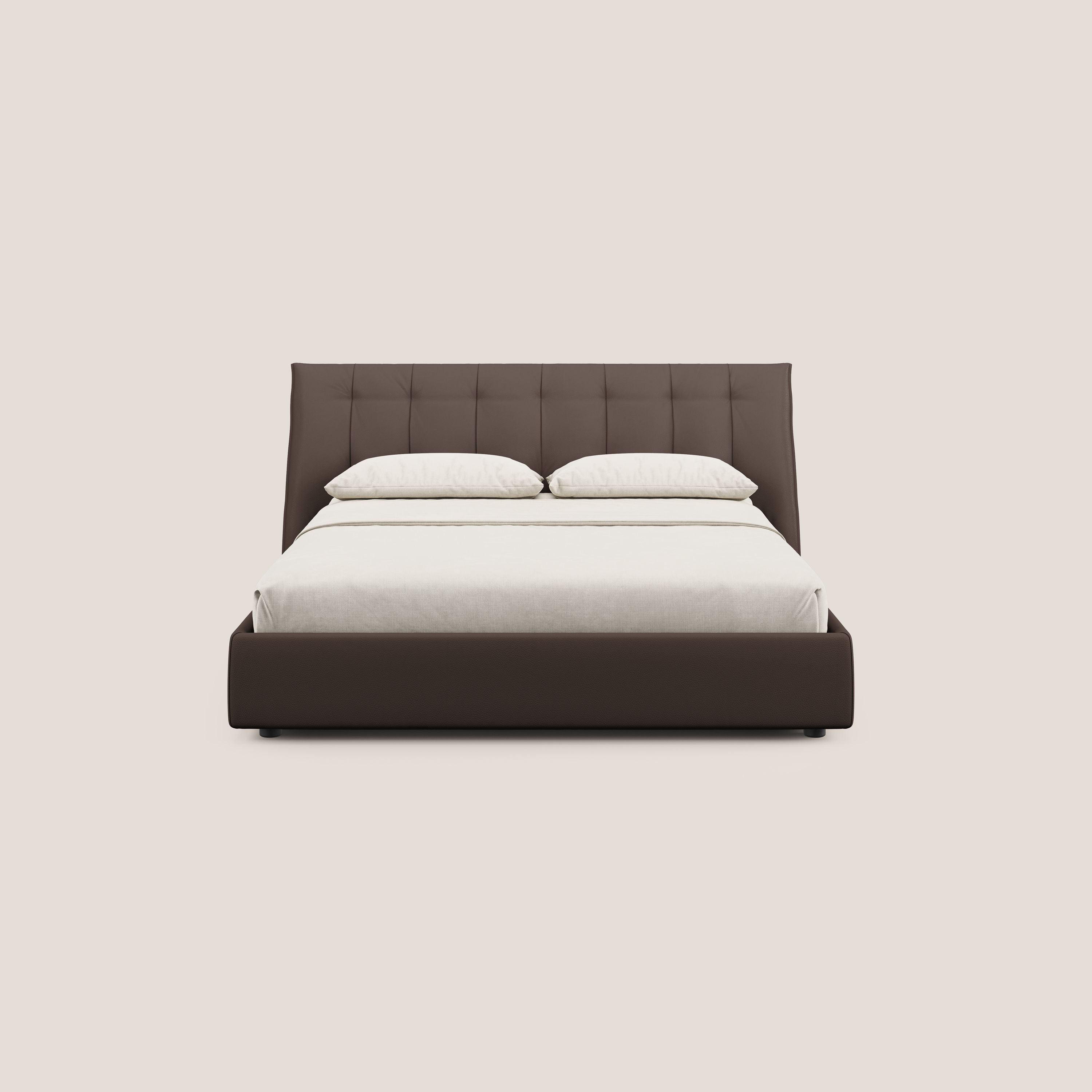 Clizia letto imbottito di design con vano contenitore in ecopelle impermeabile T04 marrone - divani.store