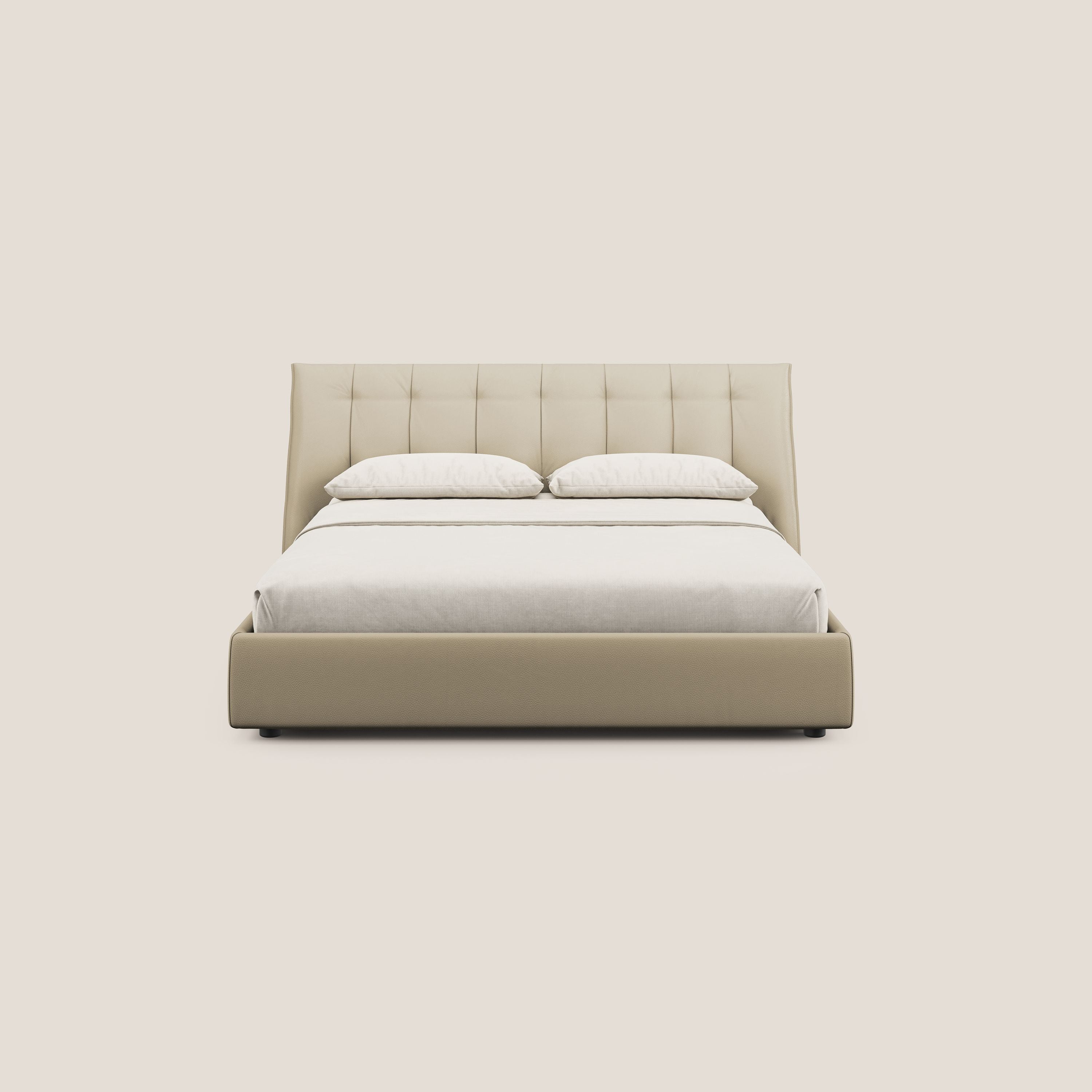 Clizia letto imbottito di design con vano contenitore in ecopelle impermeabile T04 panna - divani.store