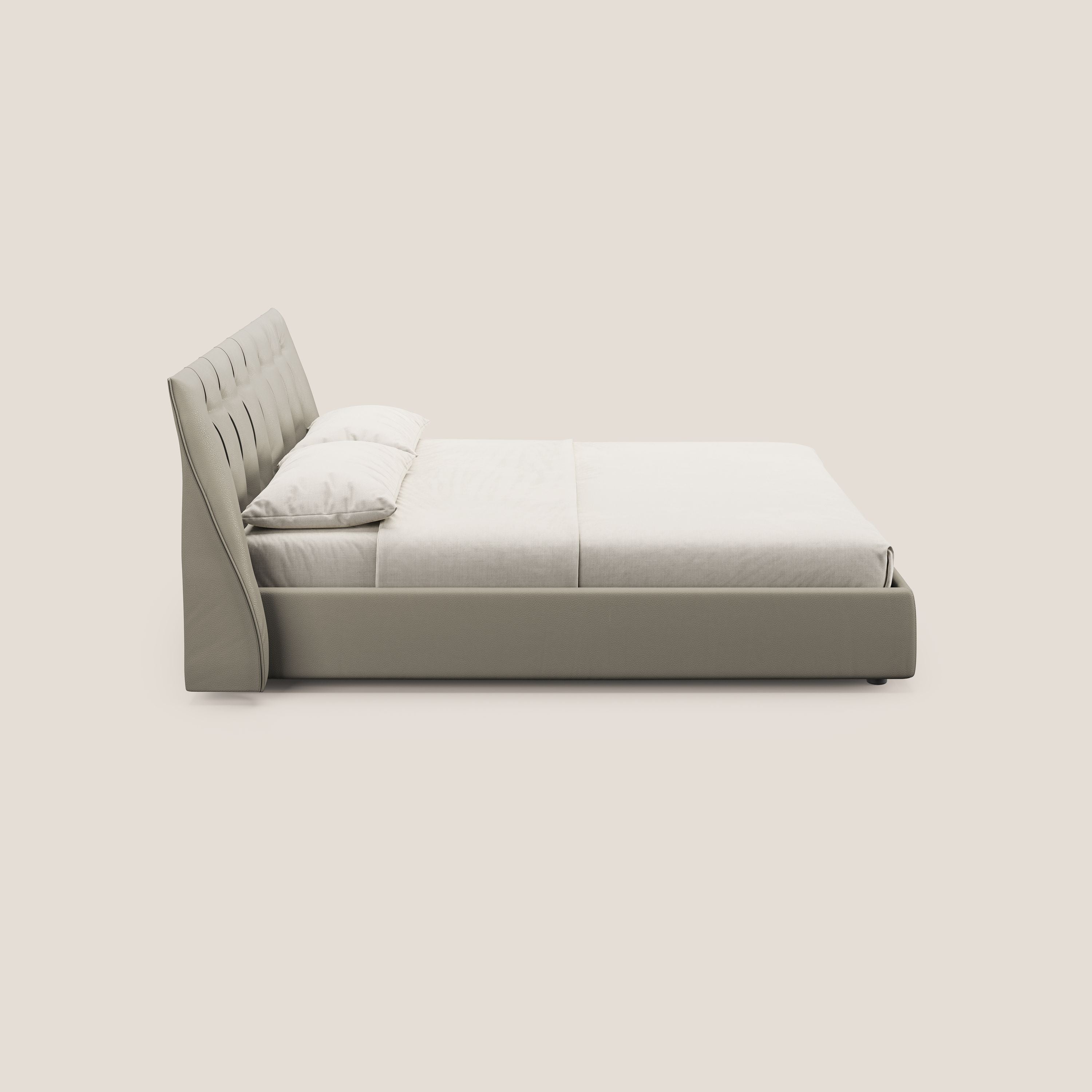 Clizia letto imbottito di design con vano contenitore in ecopelle impermeabile T04 tortora - divani.store