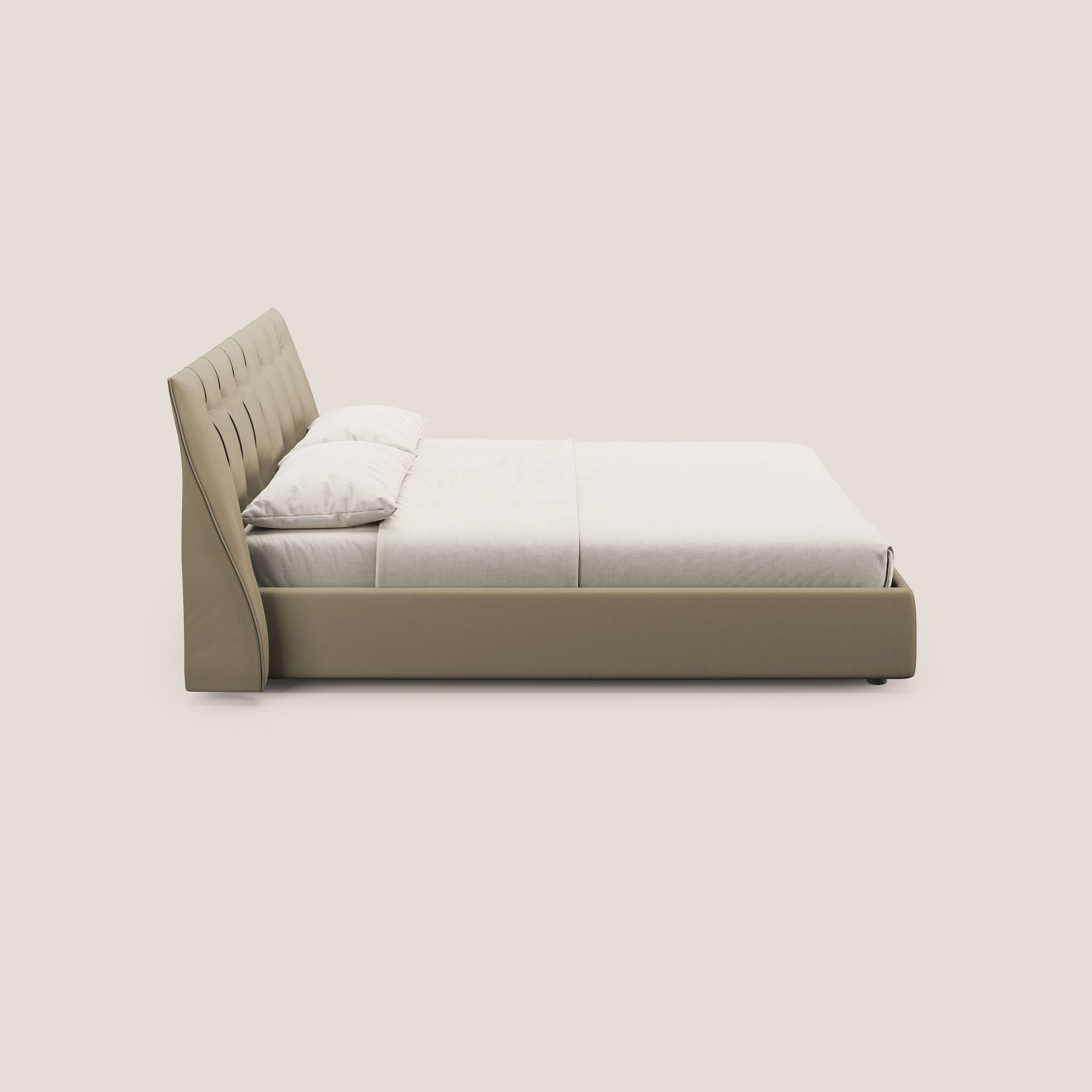 Clizia letto imbottito di design con vano contenitore in ecopelle impermeabile T04 beige - divani.store