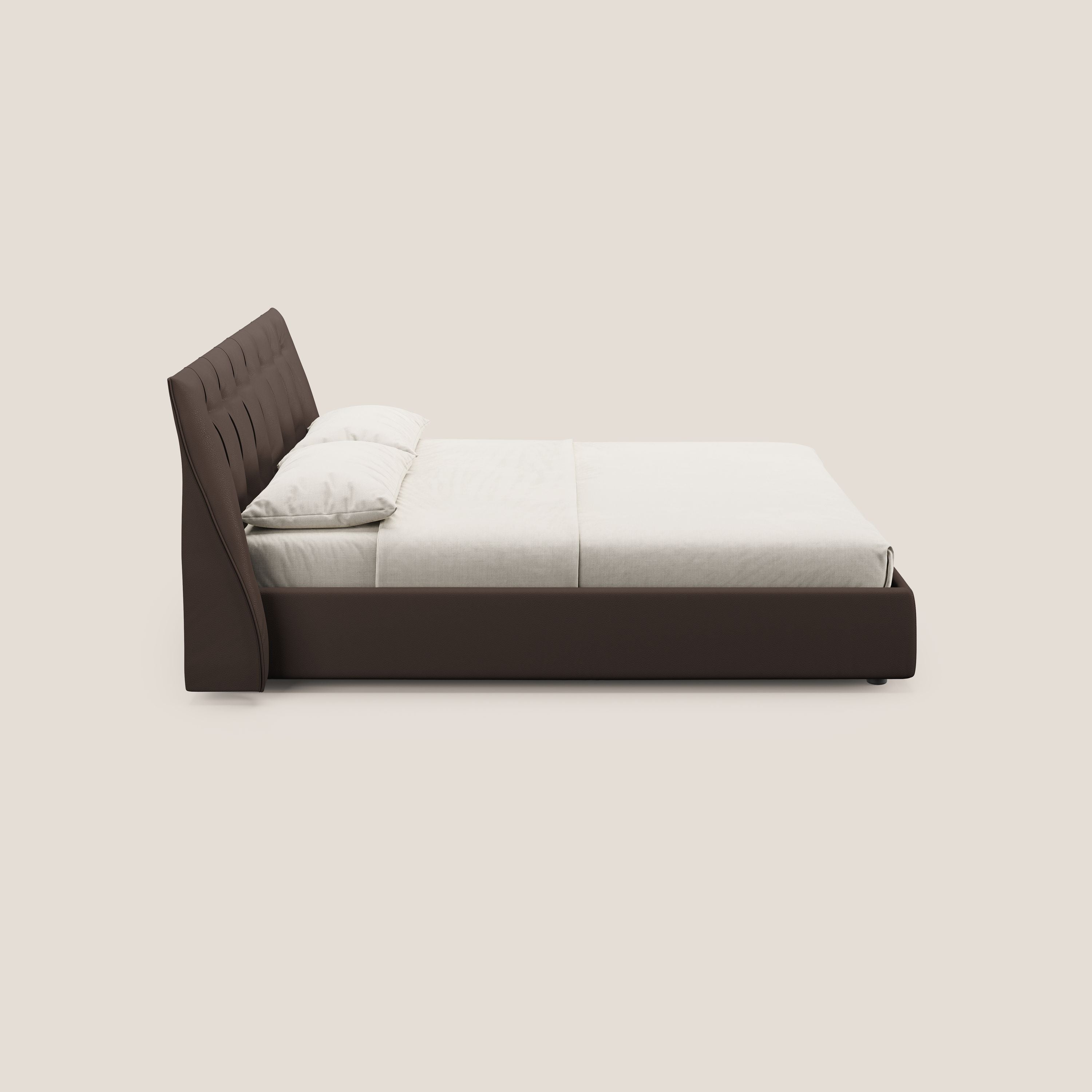 Clizia letto imbottito di design con vano contenitore in ecopelle impermeabile T04 marrone - divani.store