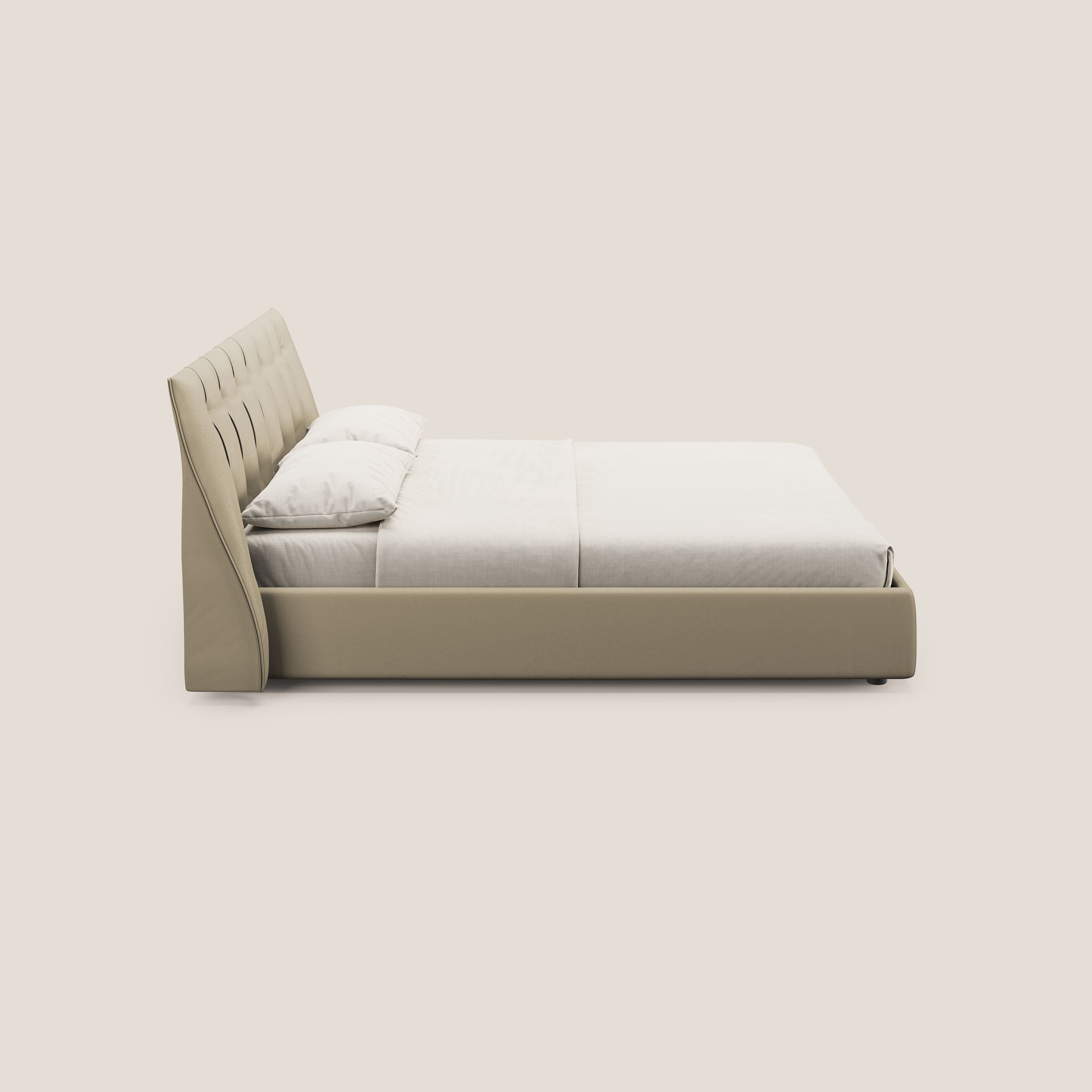 Clizia letto imbottito di design con vano contenitore in ecopelle impermeabile T04 panna - divani.store
