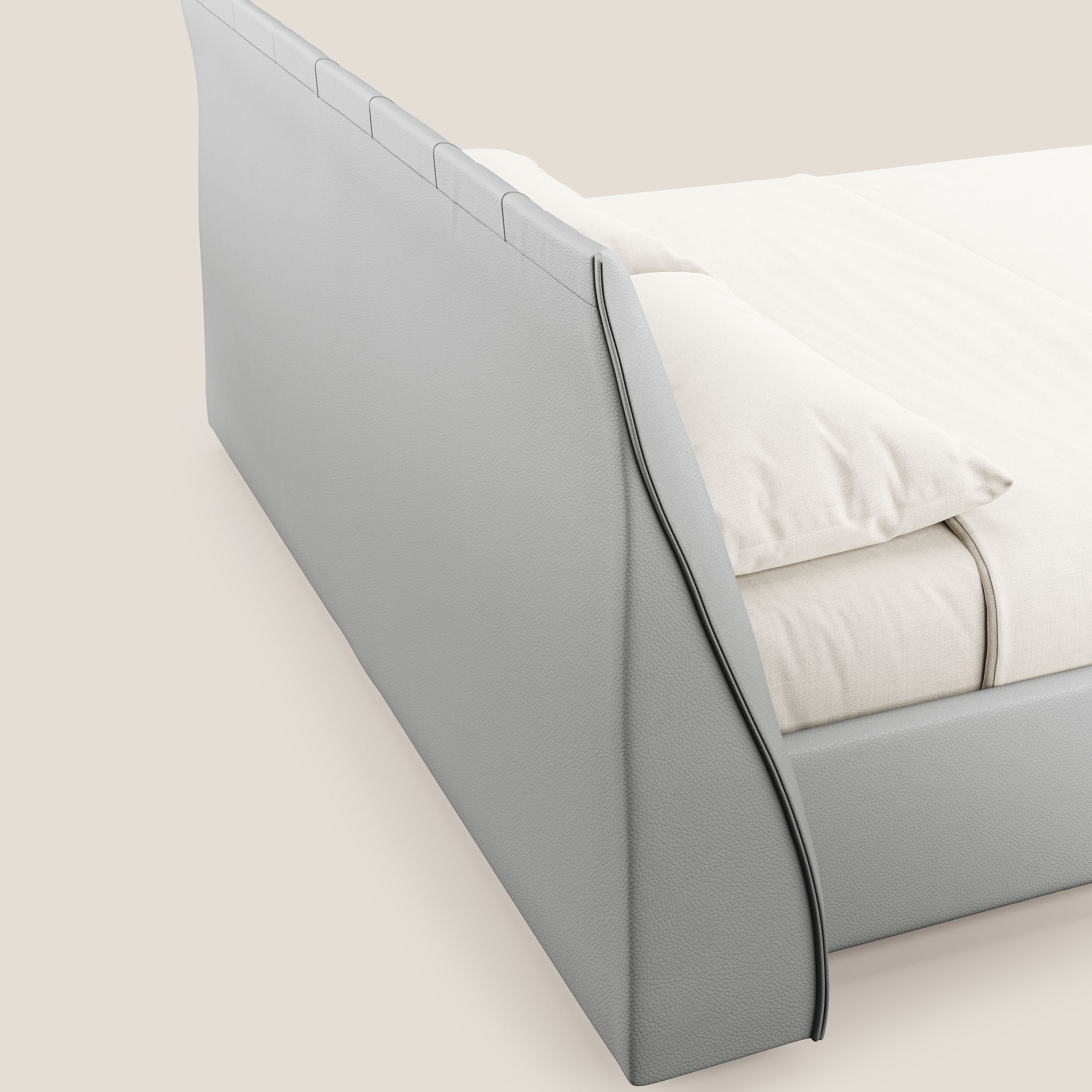 Clizia letto imbottito di design con vano contenitore in ecopelle impermeabile T04 grigio chiaro - divani.store