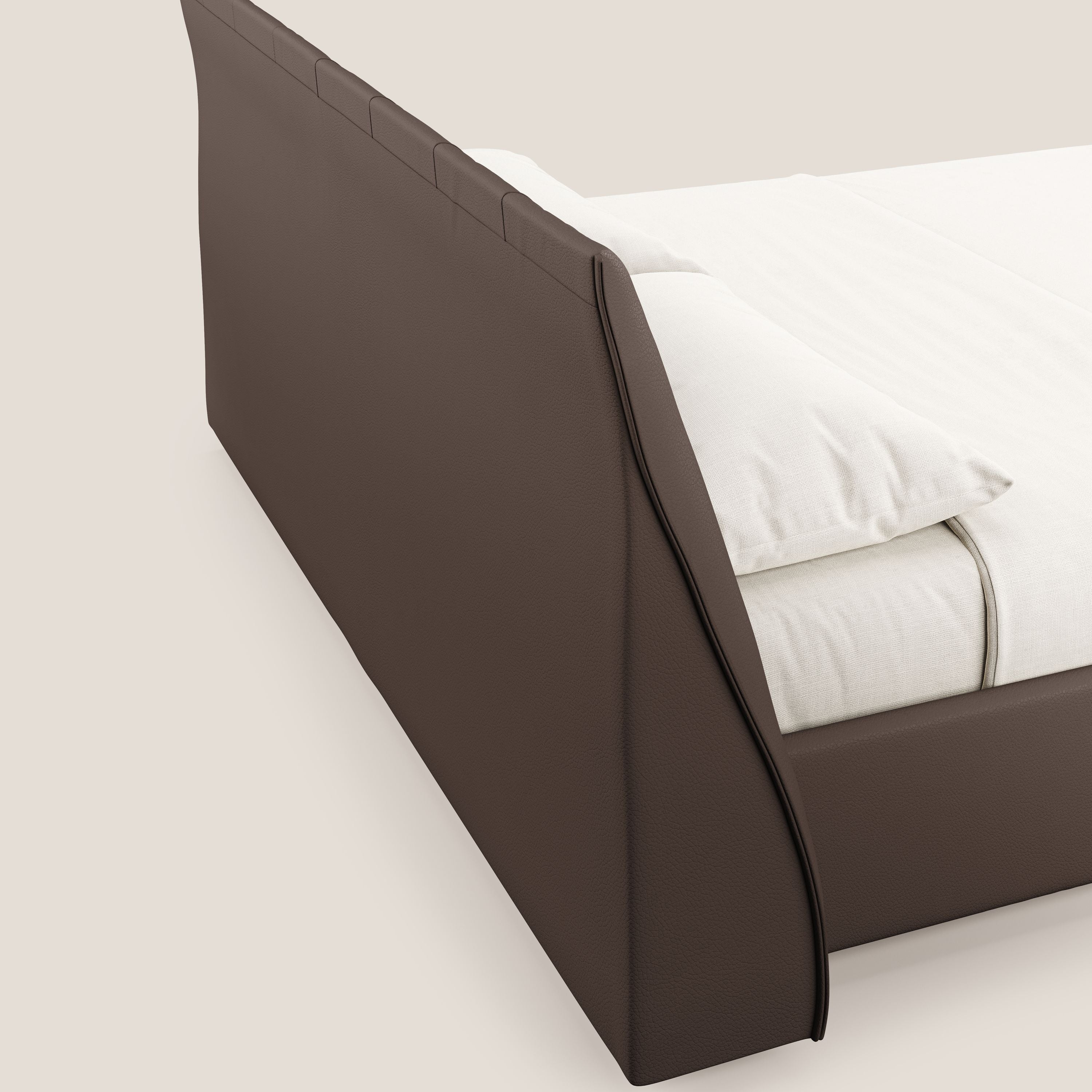 Clizia letto imbottito di design con vano contenitore in ecopelle impermeabile T04 marrone - divani.store