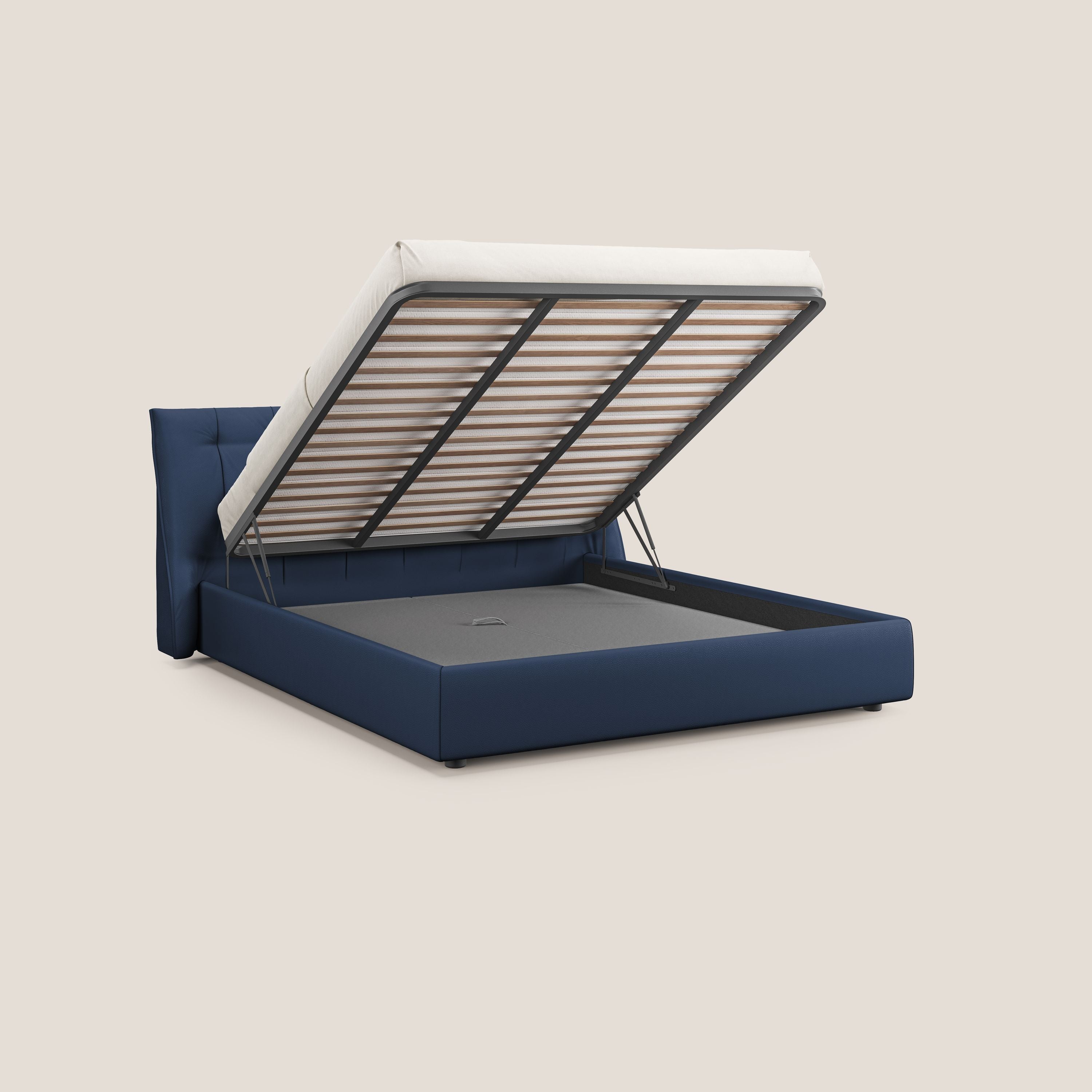 Clizia letto imbottito di design con vano contenitore in ecopelle impermeabile T04 blu - divani.store