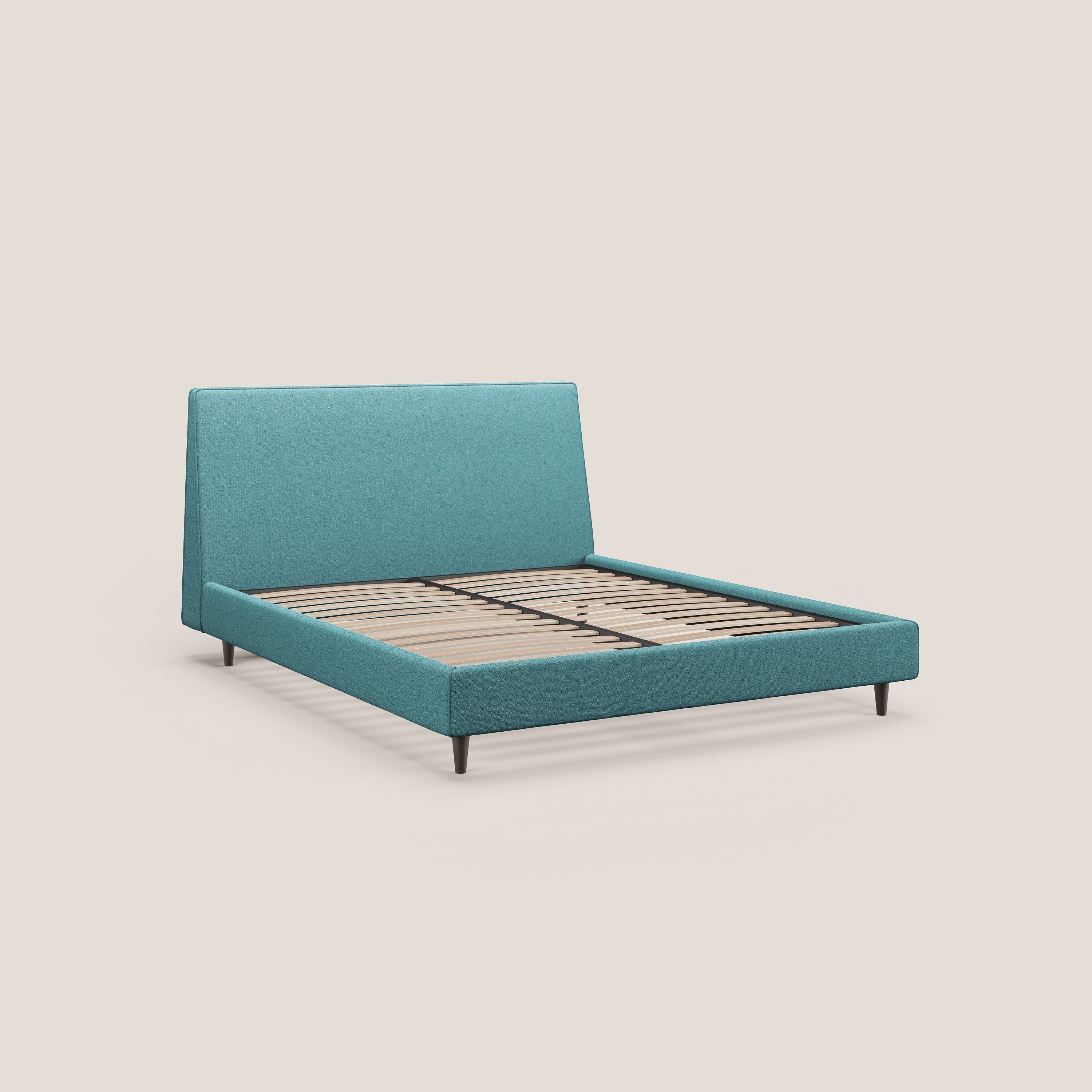 Dorotea letto imbottito con piedi in legno in morbido bouclé impermeabile T07 azzurro - divani.store