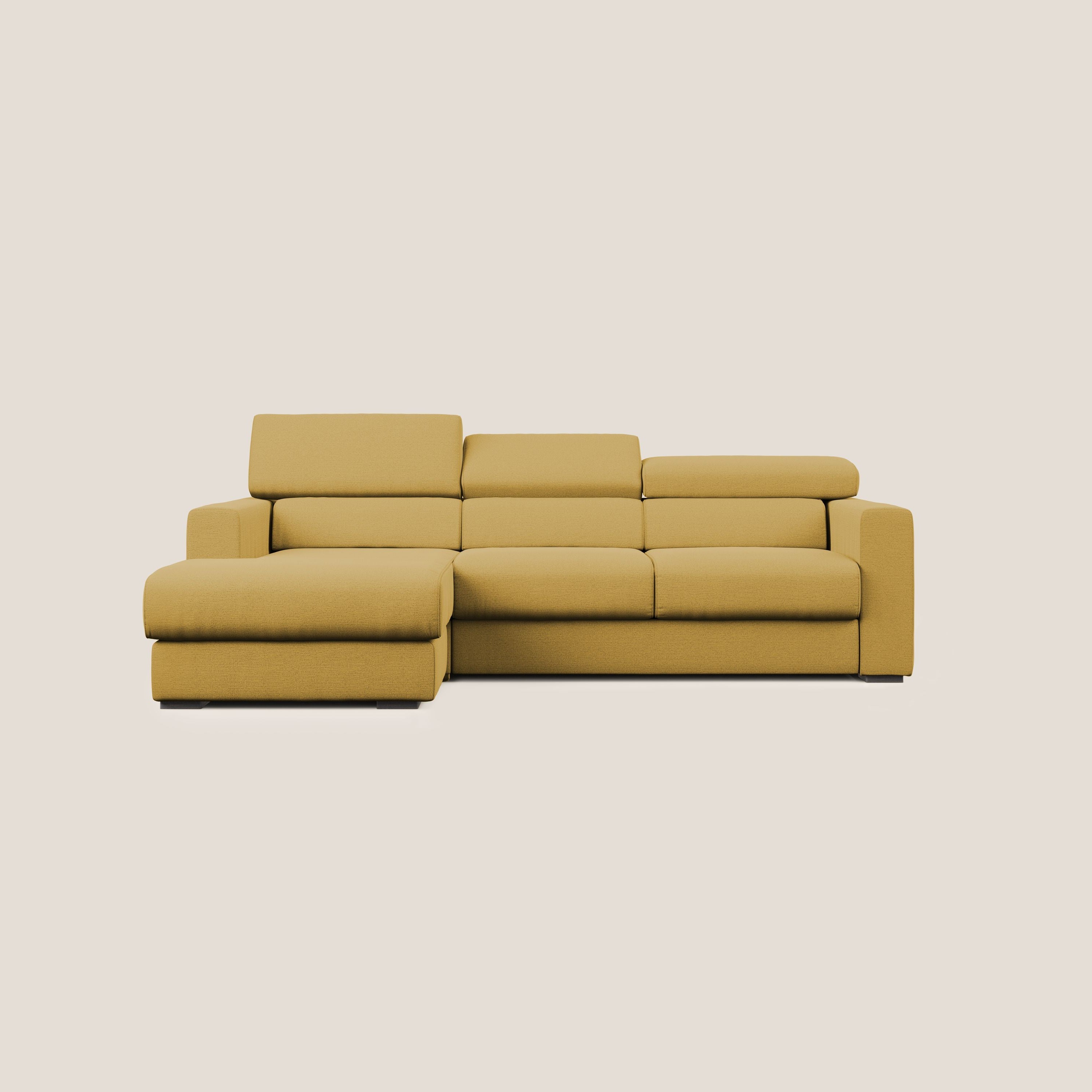 Dylan divano angolare con estraibile a cassettone in tessuto fiammato simil cotone impermeabile T19 giallo - divani.store