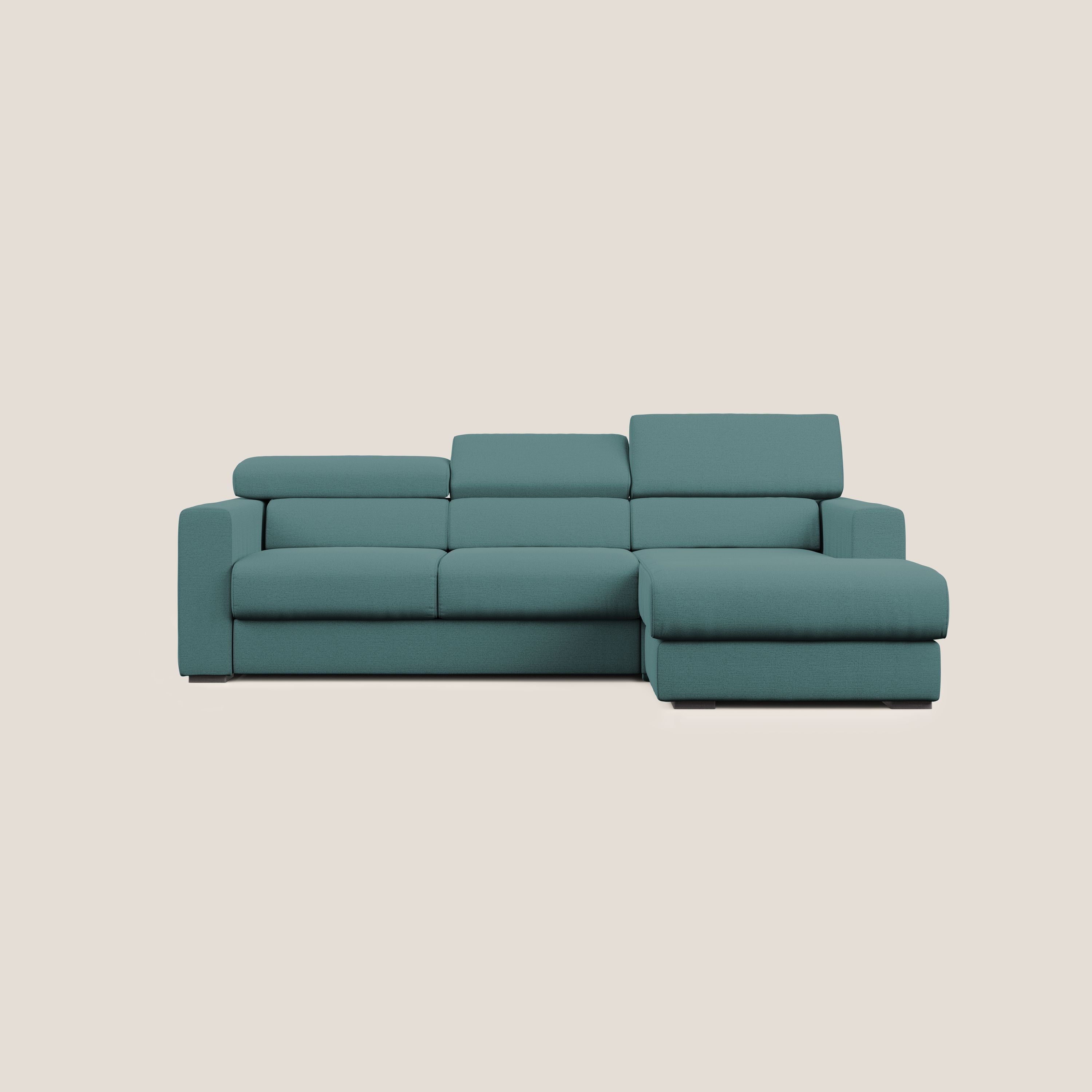 Dylan divano angolare con estraibile a cassettone in tessuto fiammato simil cotone impermeabile T19 petrolio - divani.store