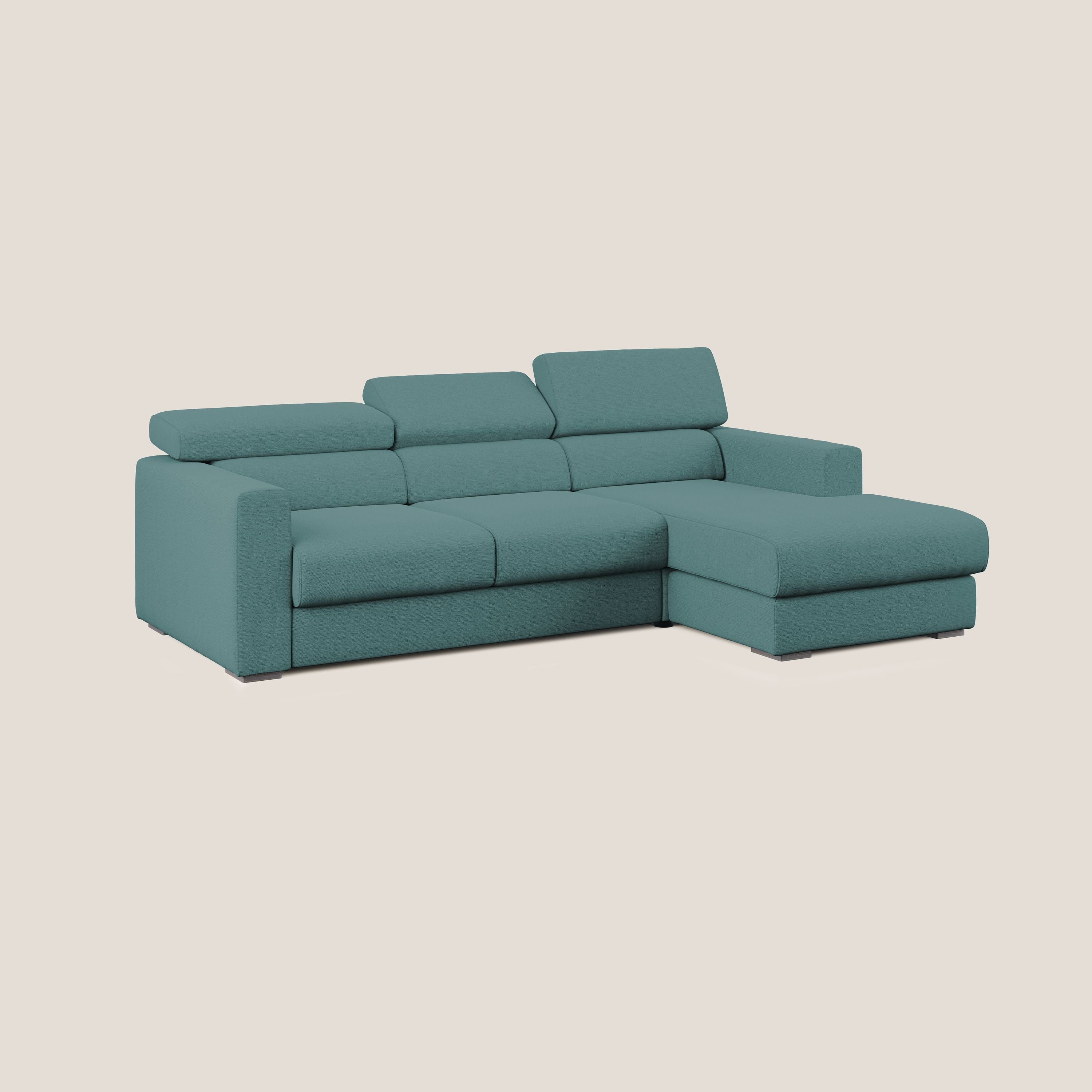 Dylan divano angolare con estraibile a cassettone in tessuto fiammato simil cotone impermeabile T19 petrolio - divani.store