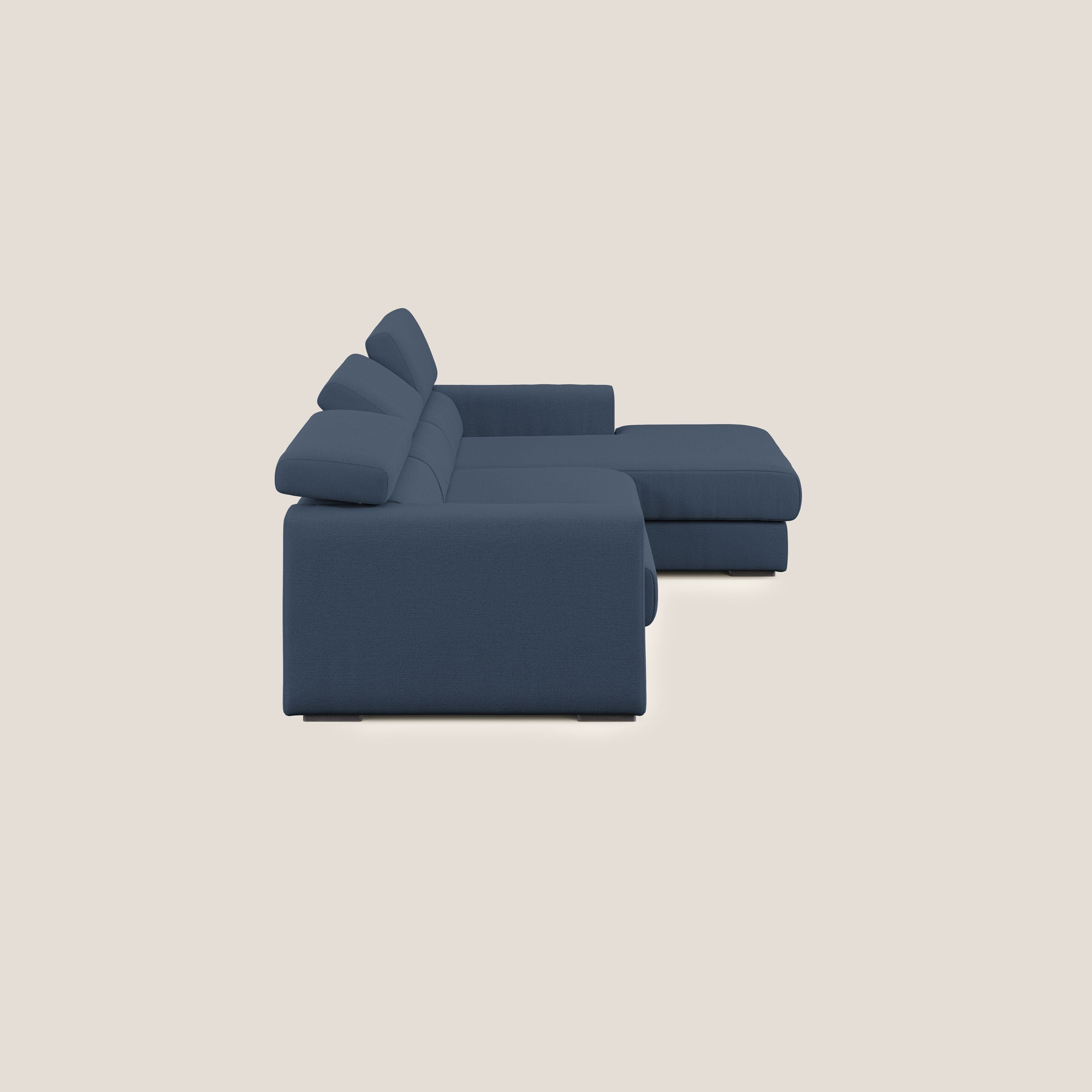 Dylan divano angolare con estraibile a cassettone in tessuto fiammato simil cotone impermeabile T19 blu - divani.store