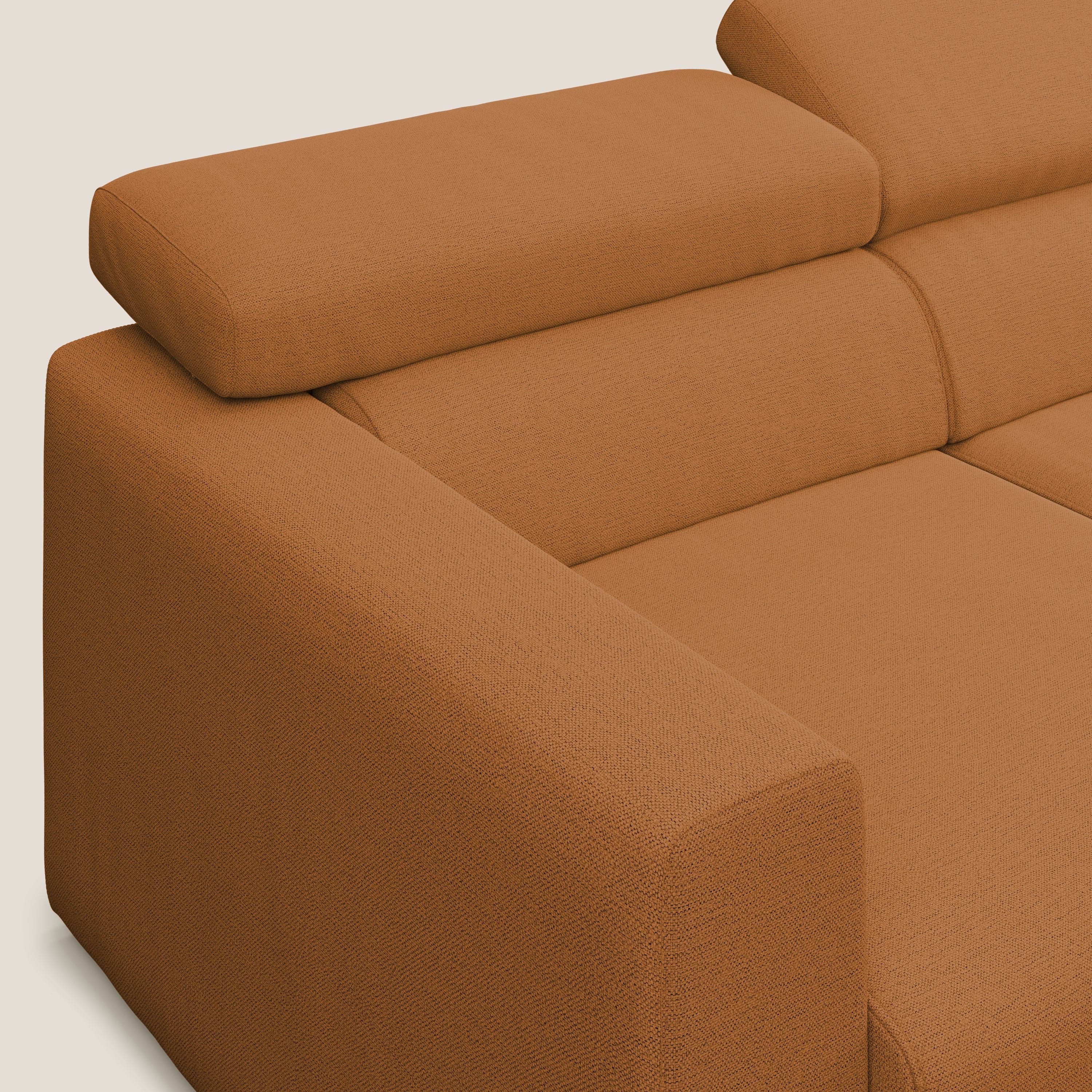 Dylan divano angolare con estraibile a cassettone in tessuto fiammato simil cotone impermeabile T19 arancio - divani.store