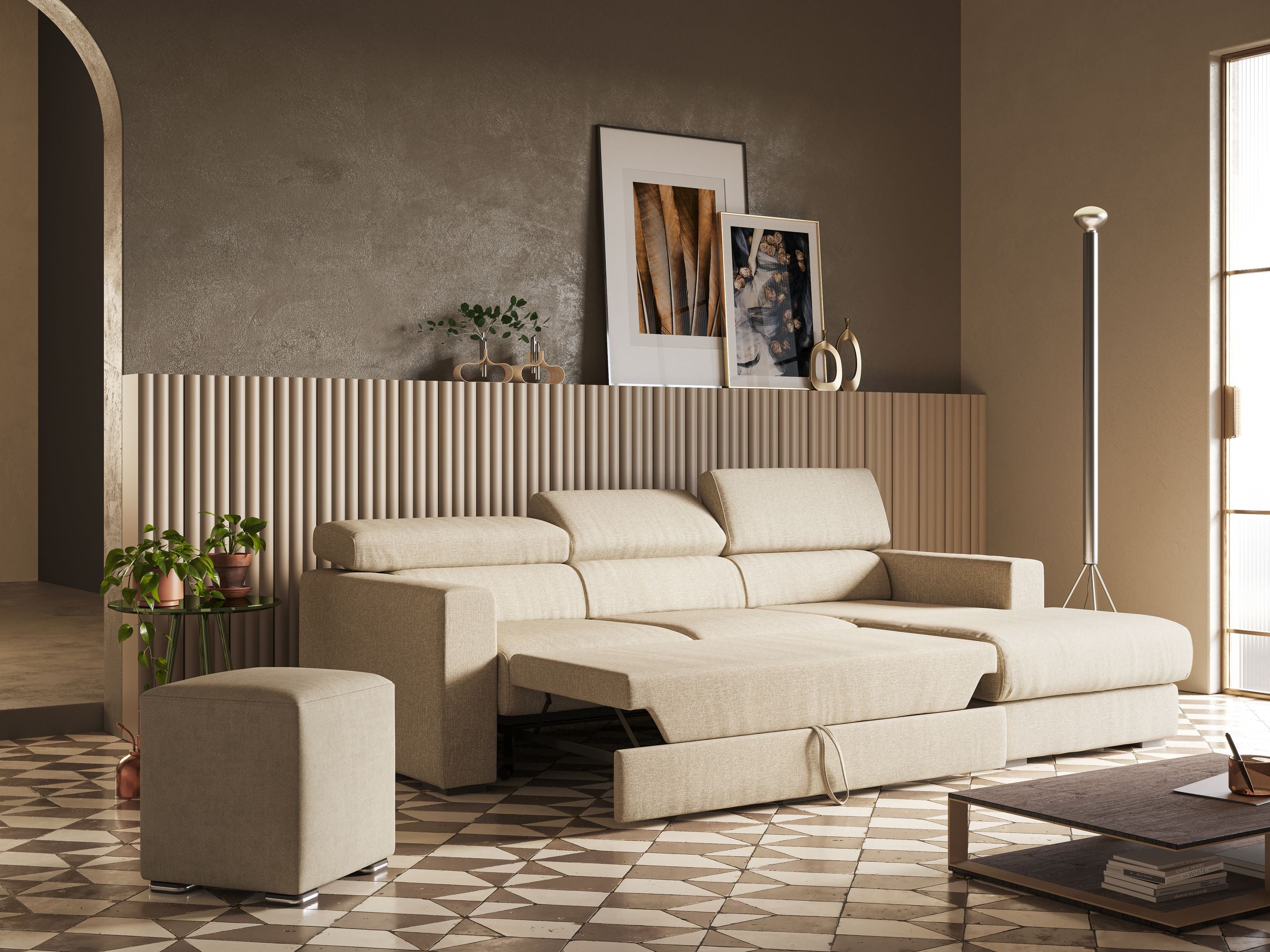 Dylan divano angolare con pouf estraibile poggiapiedi in tessuto simil cotone impermeabile T13 beige - divani.store