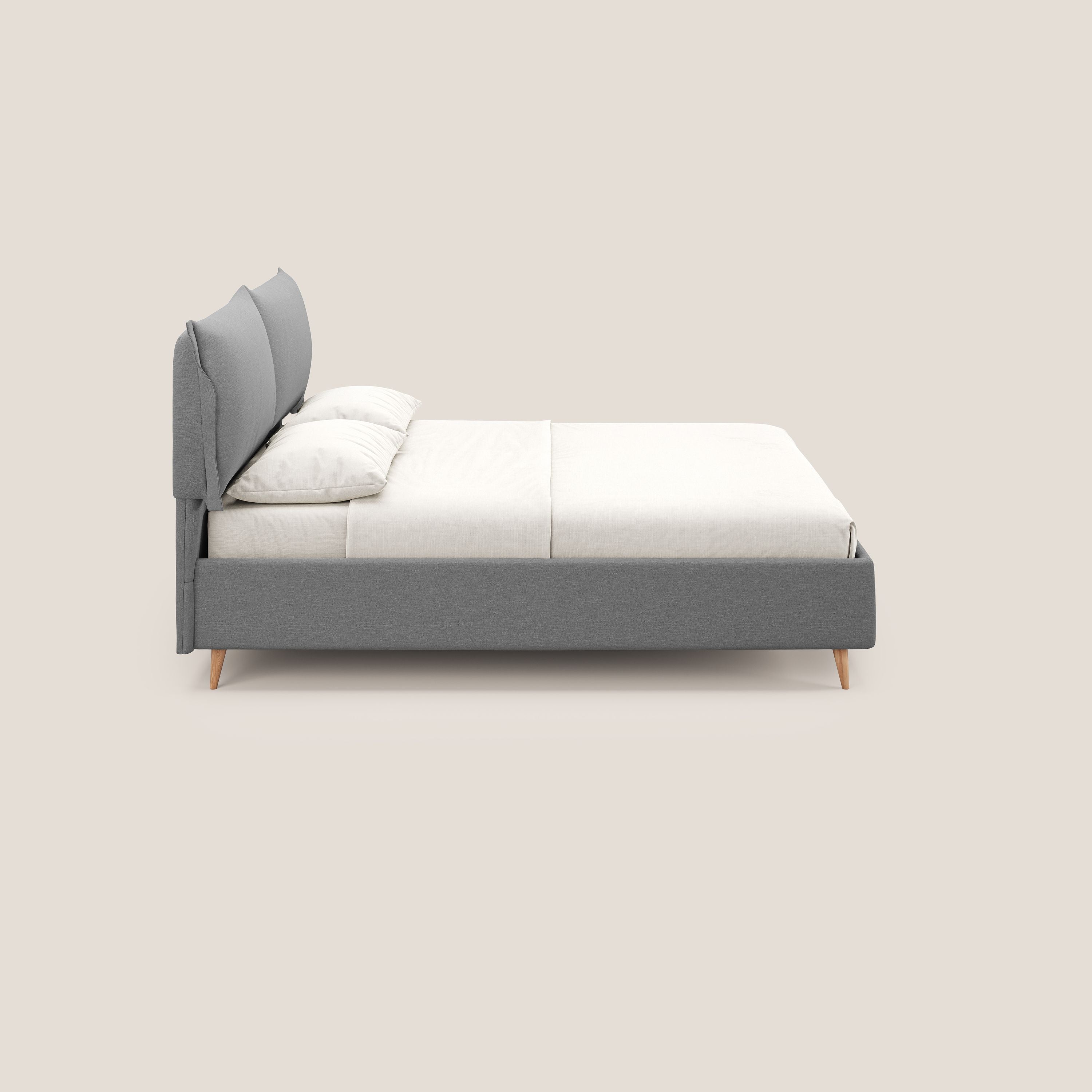 Elettra letto contenitore imbottito e sfoderabile con cuscini testata in tessuto impermeabile T13 grigio - divani.store