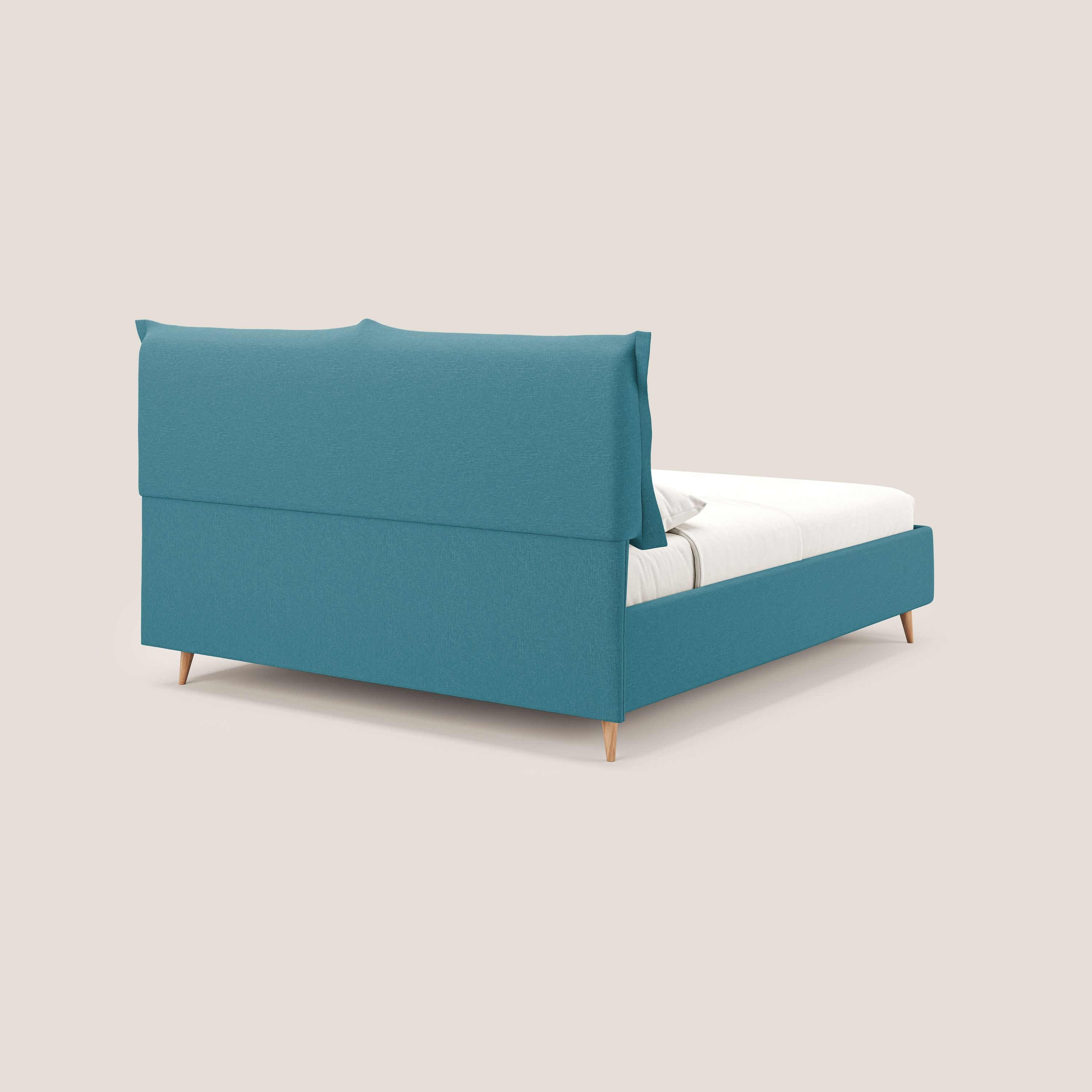 Elettra letto contenitore imbottito e sfoderabile con cuscini testata in tessuto impermeabile T13 azzurro - divani.store