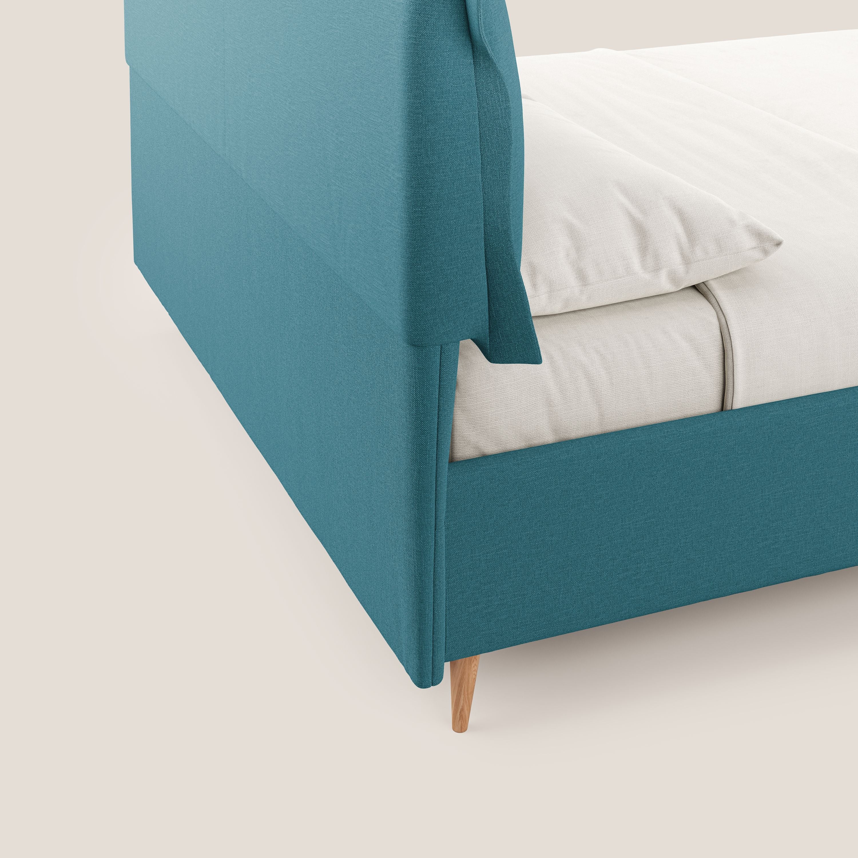 Elettra letto contenitore imbottito e sfoderabile con cuscini testata in tessuto impermeabile T13 azzurro - divani.store