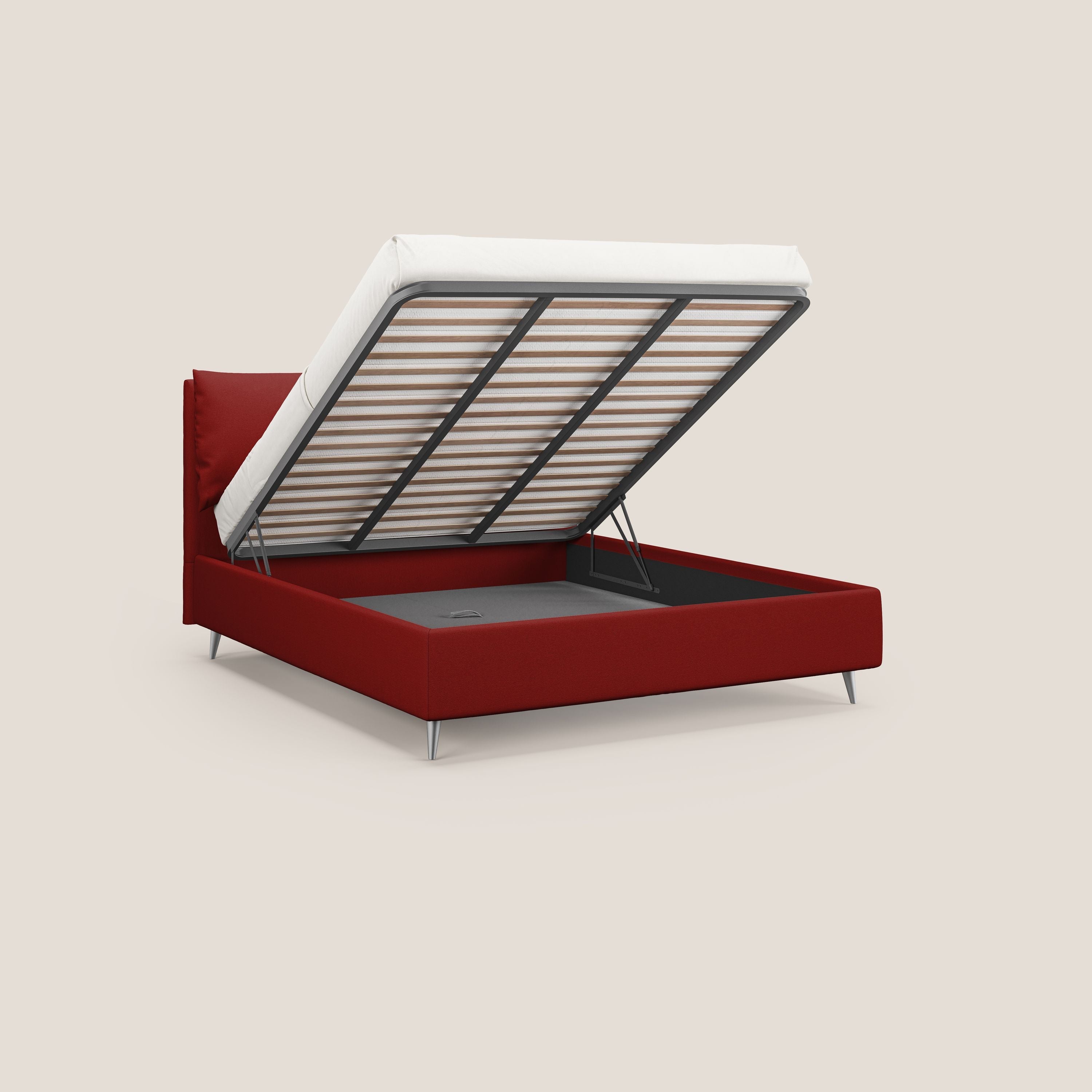 Elsa letto imbottito con vano contenitore in tessuto smacchiabile T05 rosso - divani.store