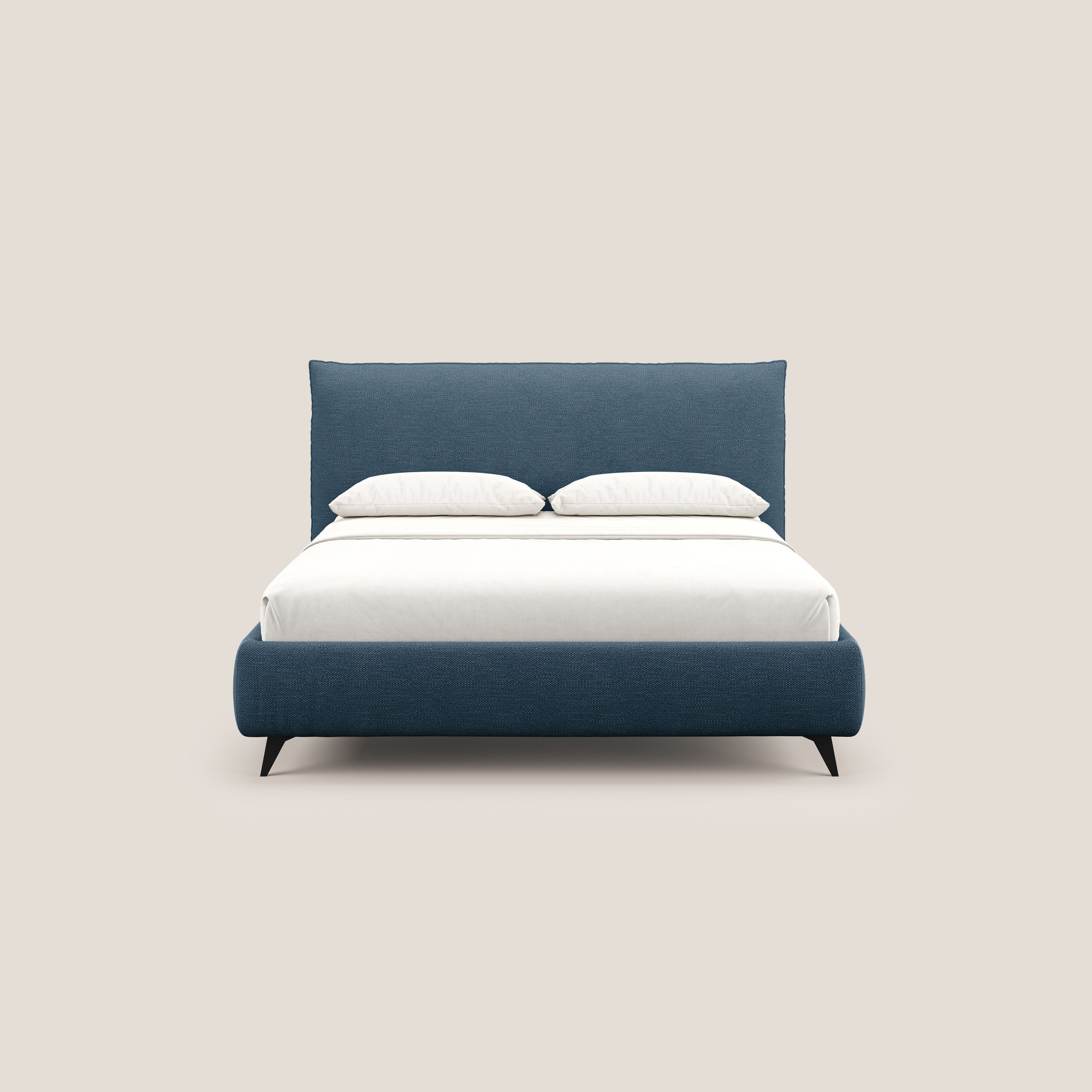 EROS letto imbottito in piuma con vano contenitore in pregiato e fresco bouclet smacchiabile T16 blu - divani.store