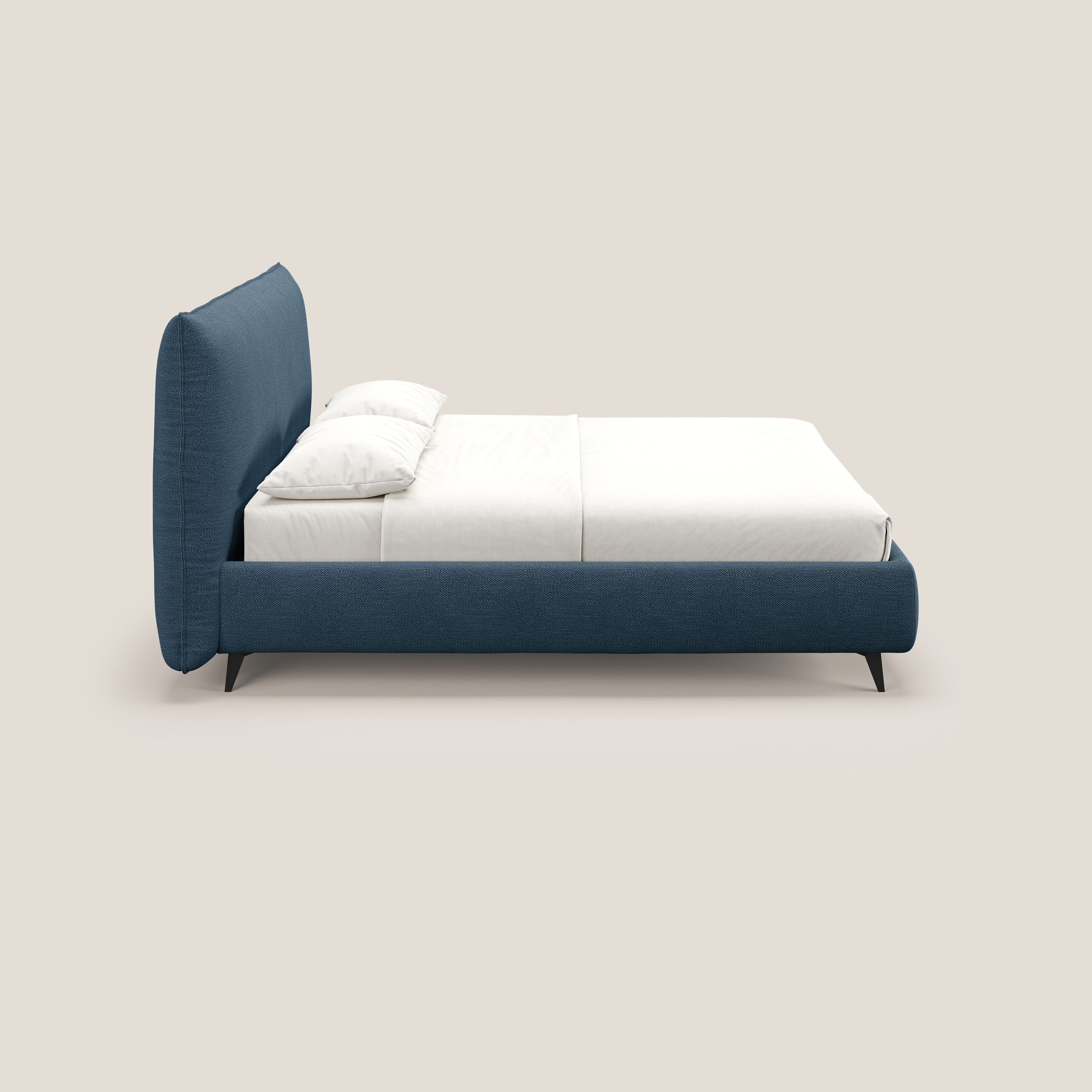 EROS letto imbottito in piuma con vano contenitore in pregiato e fresco bouclet smacchiabile T16 blu - divani.store