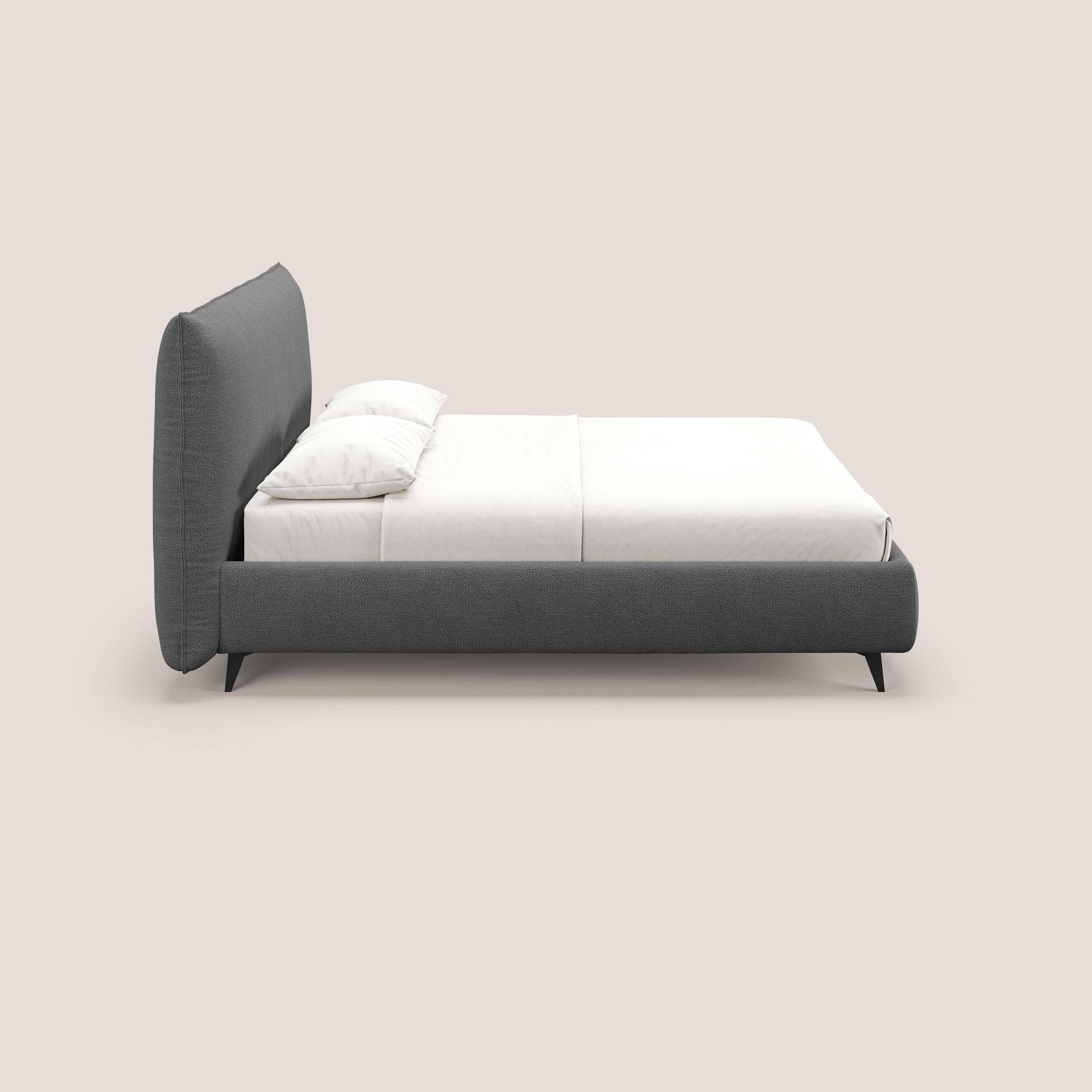 EROS letto imbottito in piuma con vano contenitore in pregiato e fresco bouclet smacchiabile T16 antracite - divani.store