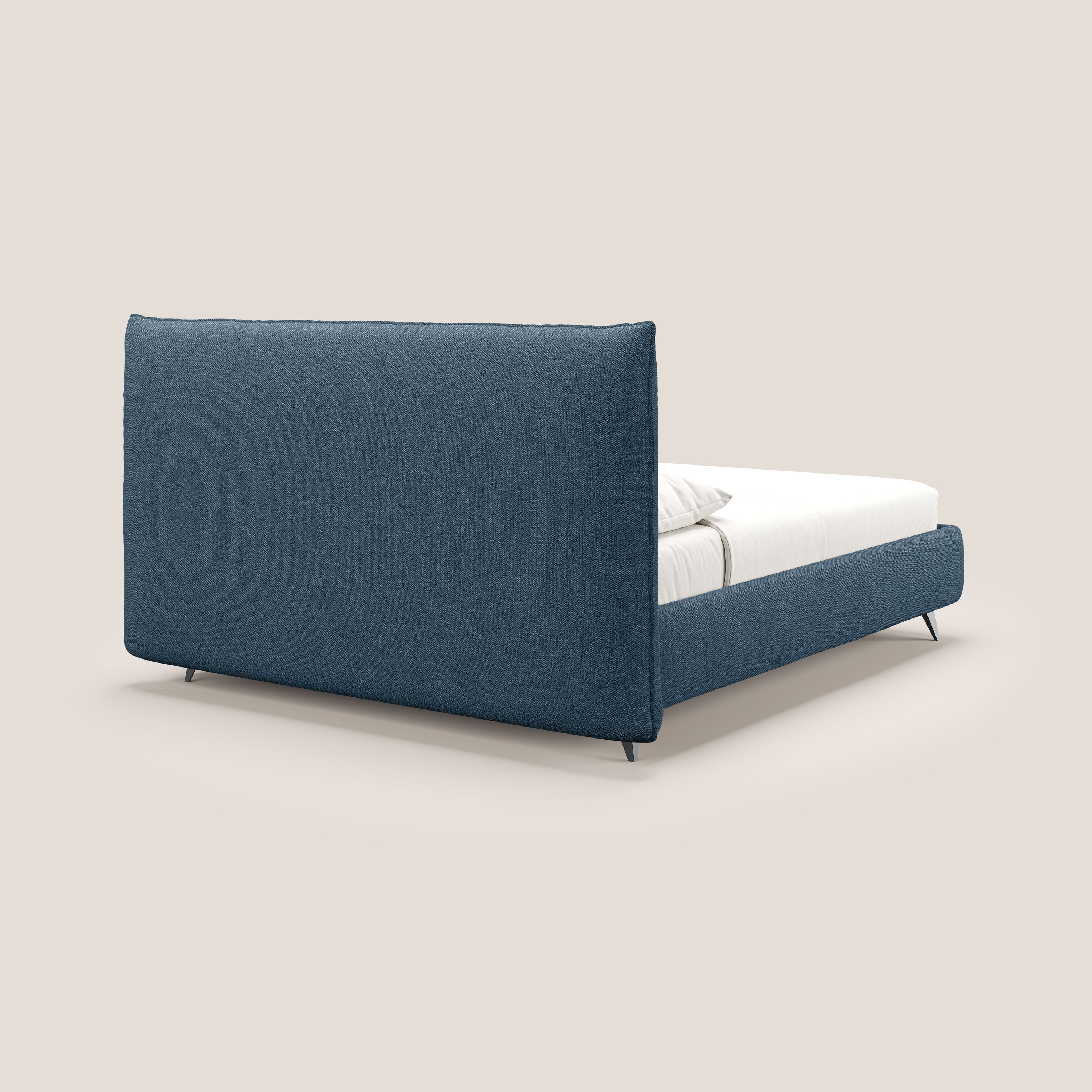 EROS letto imbottito in piuma con vano contenitore in pregiato e fresco bouclet smacchiabile T16 blu - divani.store