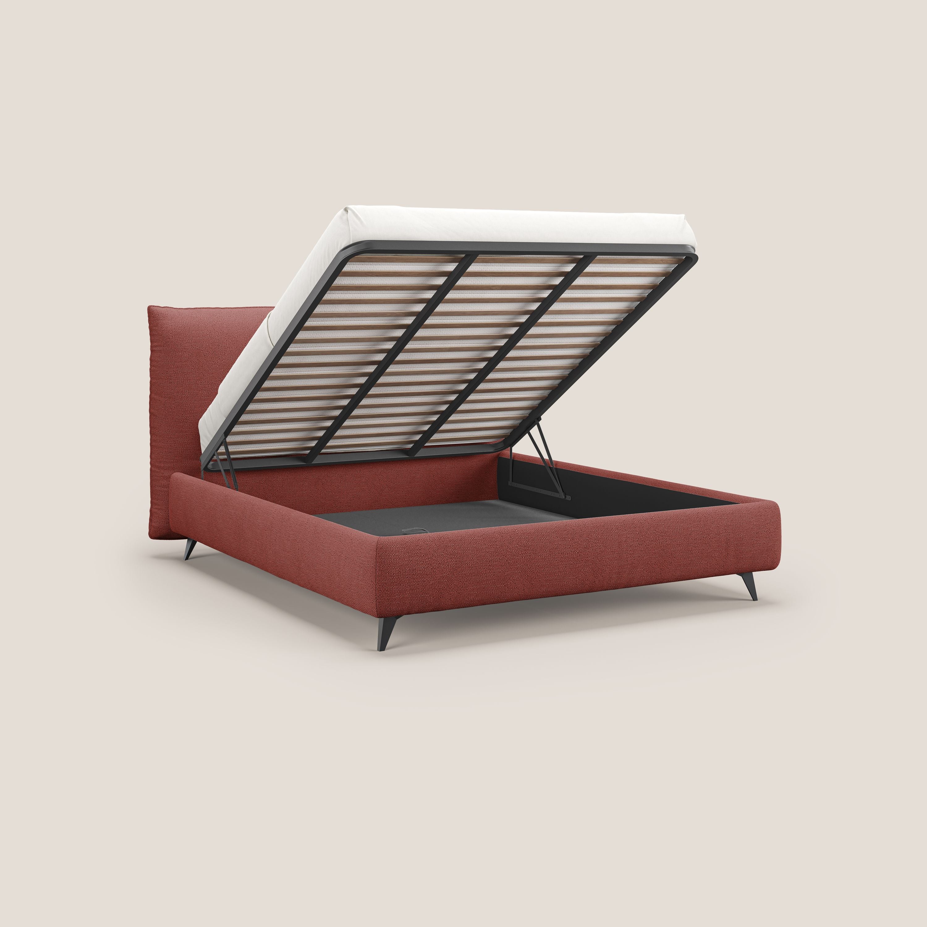 EROS letto imbottito in piuma con vano contenitore in pregiato e fresco bouclet smacchiabile T16 rosso - divani.store