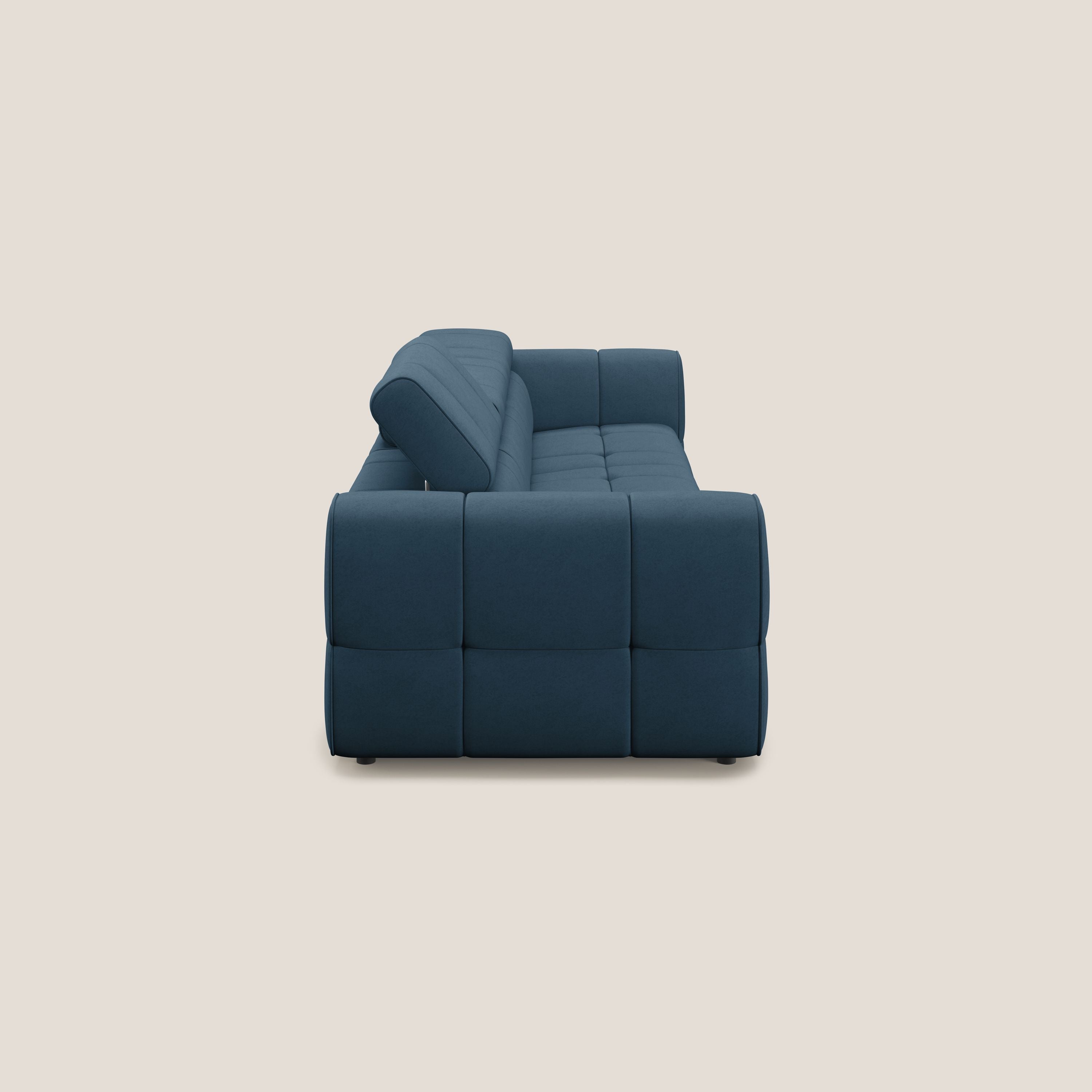 Giotto Divano modulare a 3 sedute con opzione relax elettrico in microfibra effetto velluto impermeabile T09 blu - divani.store