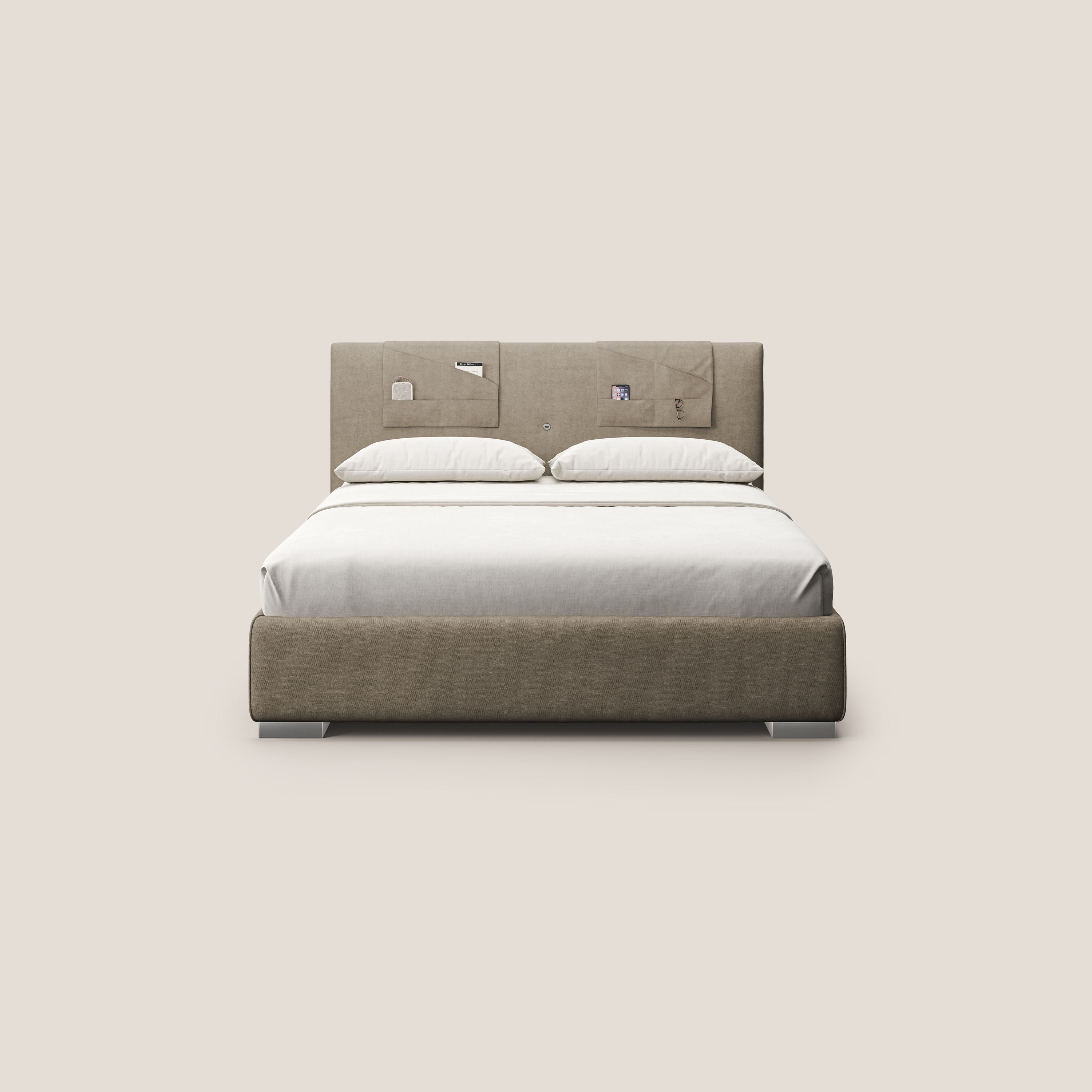 Horus letto imbottito contenitore e presa USB sulla testata in tessuto impermeabile T02 beige - divani.store