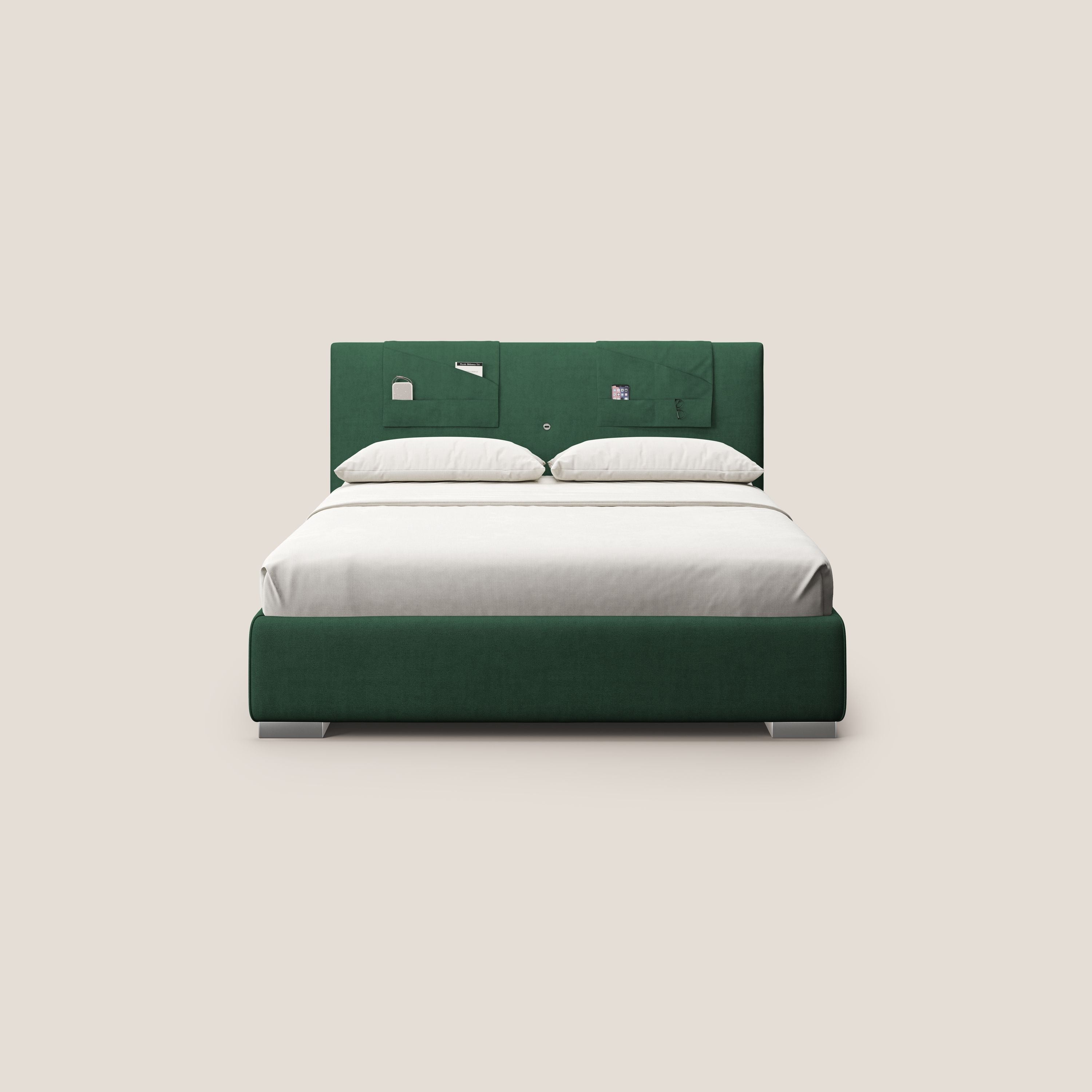 Horus letto imbottito contenitore e presa USB sulla testata in tessuto impermeabile T02 verde - divani.store