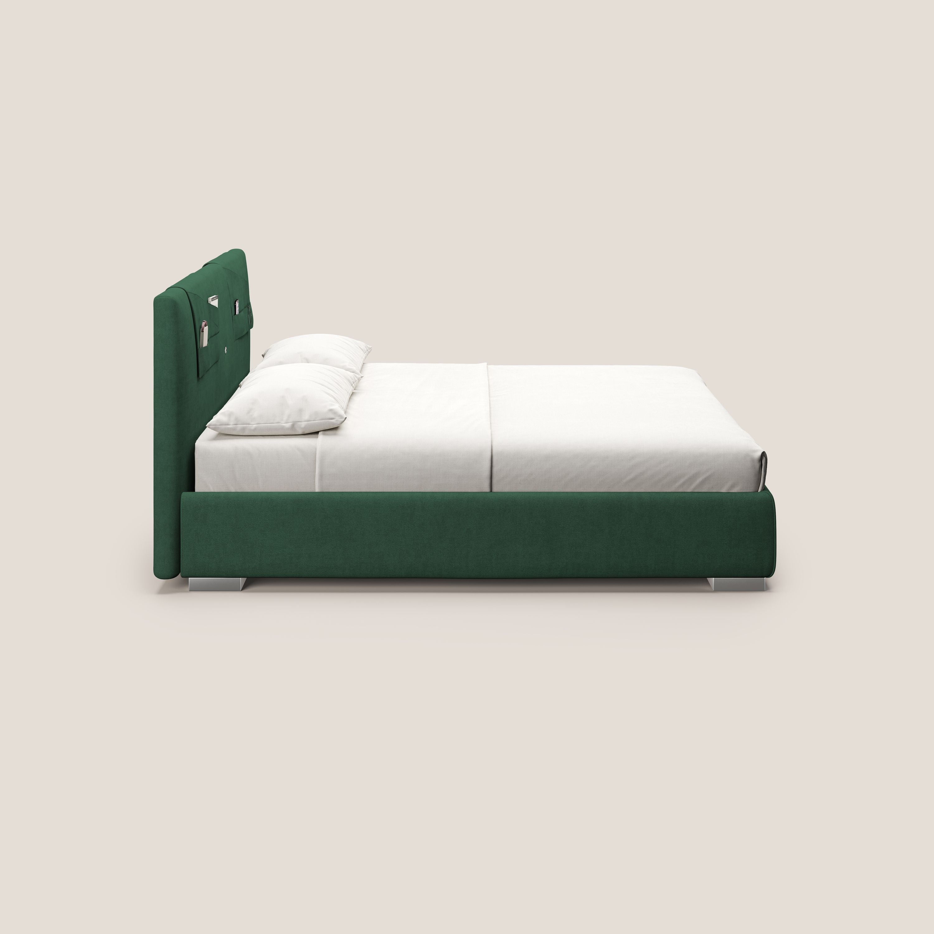 Horus letto imbottito contenitore e presa USB sulla testata in tessuto impermeabile T02 verde - divani.store