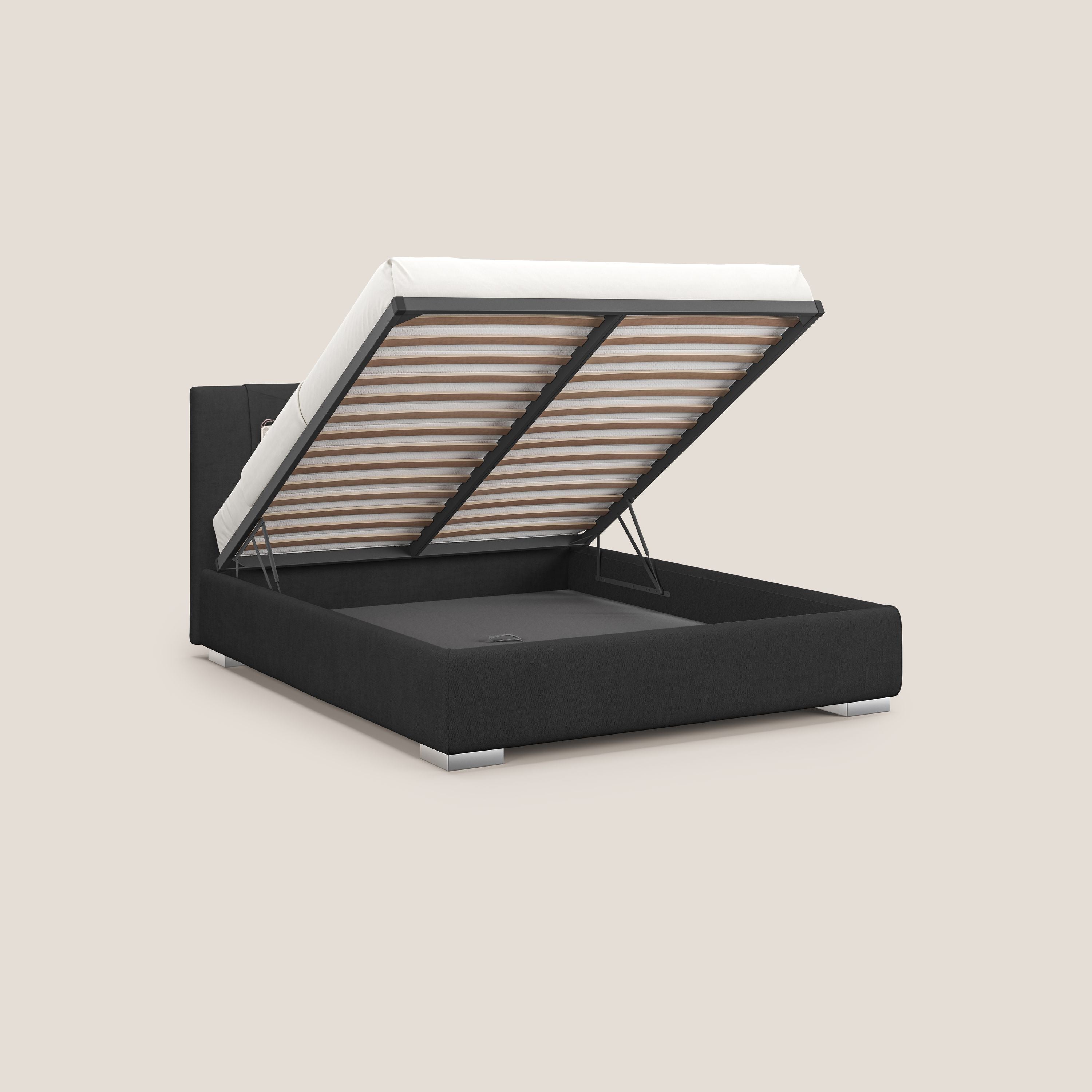 Horus letto imbottito contenitore e presa USB sulla testata in tessuto impermeabile T02 nero - divani.store