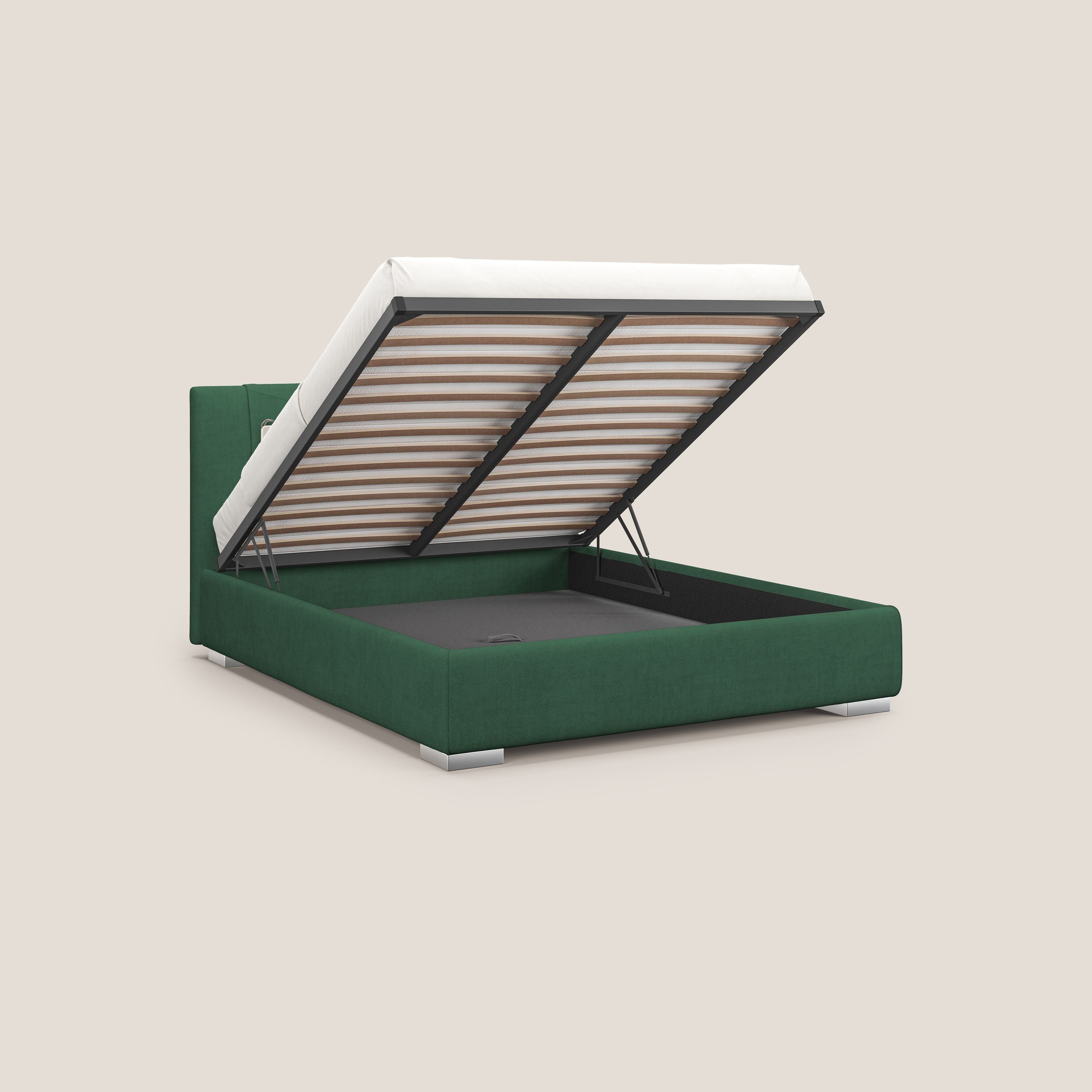 Horus letto imbottito contenitore e presa USB sulla testata in tessuto impermeabile T02 verde - divani.store