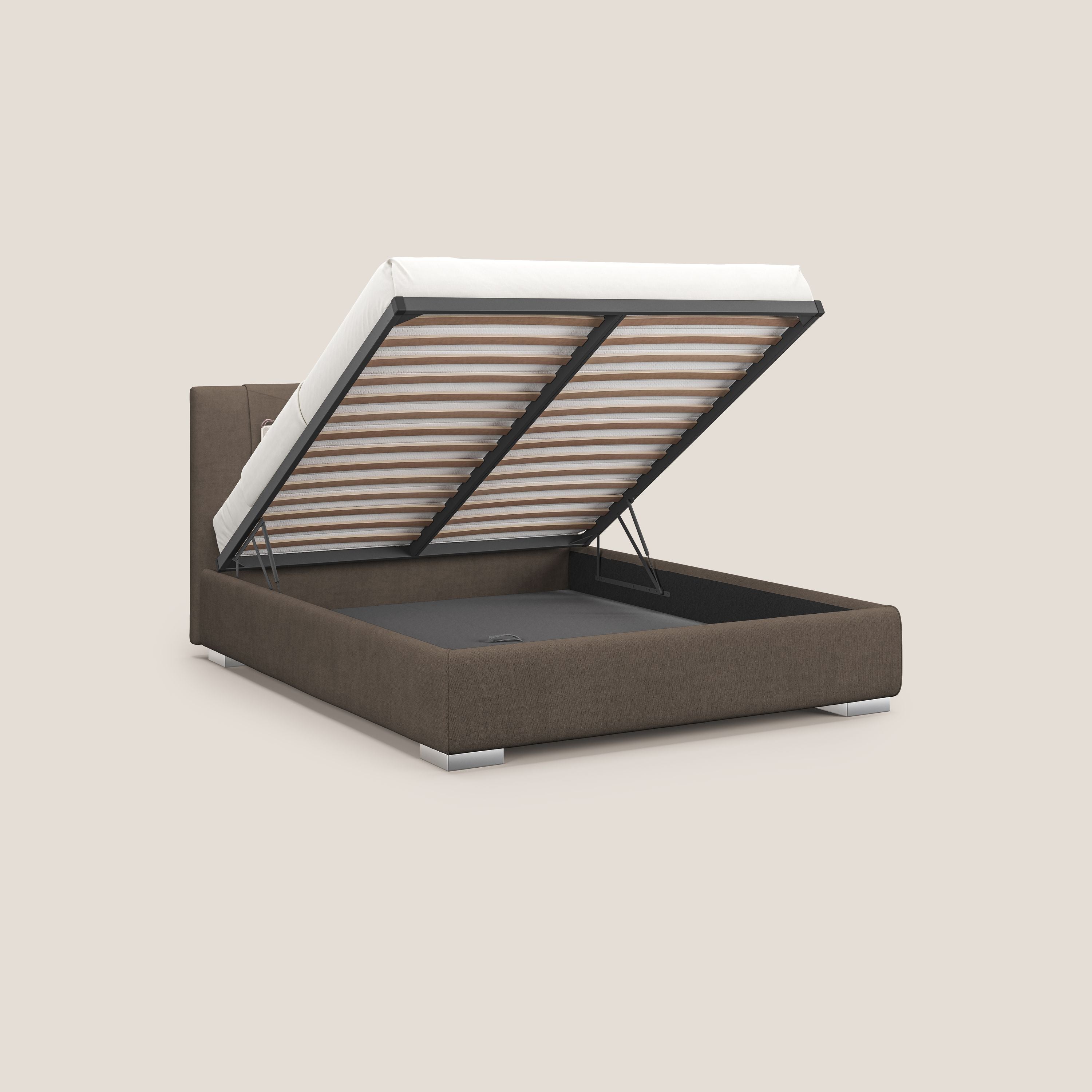 Horus letto imbottito contenitore e presa USB sulla testata in tessuto impermeabile T02 marrone - divani.store