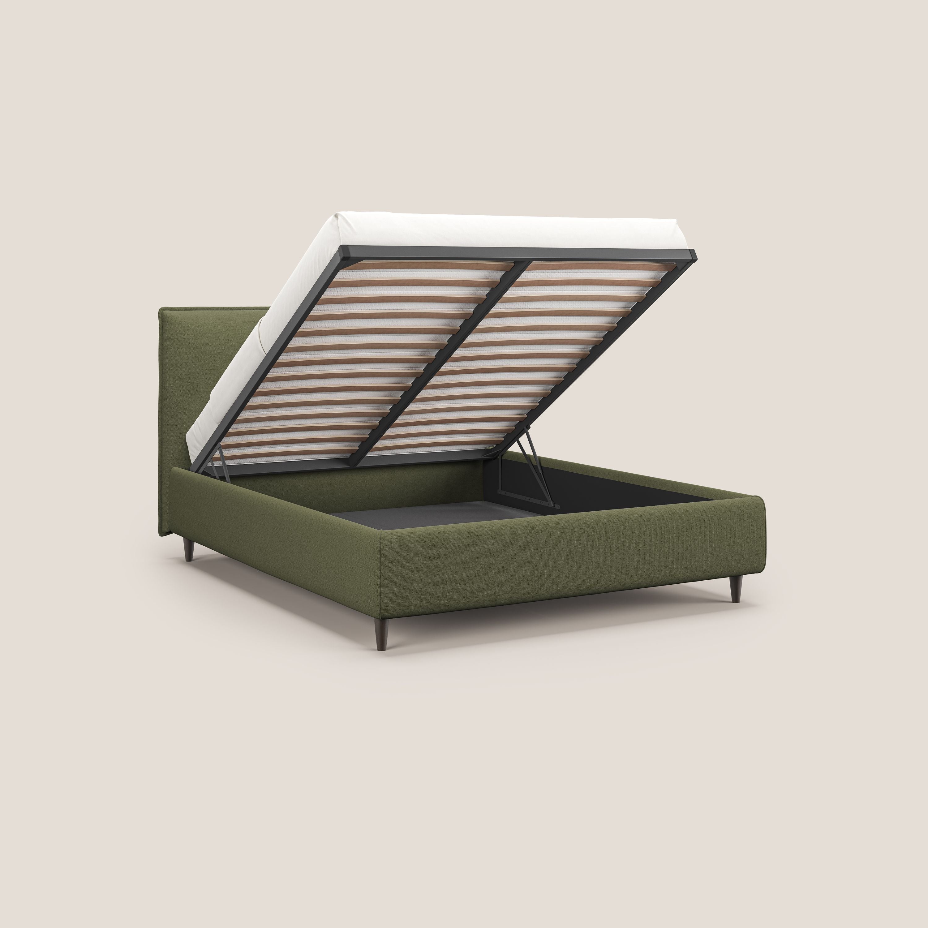 Hunter letto imbottito contenitore sfoderabile in tessuto impermeabile fiammato T19 verde - divani.store