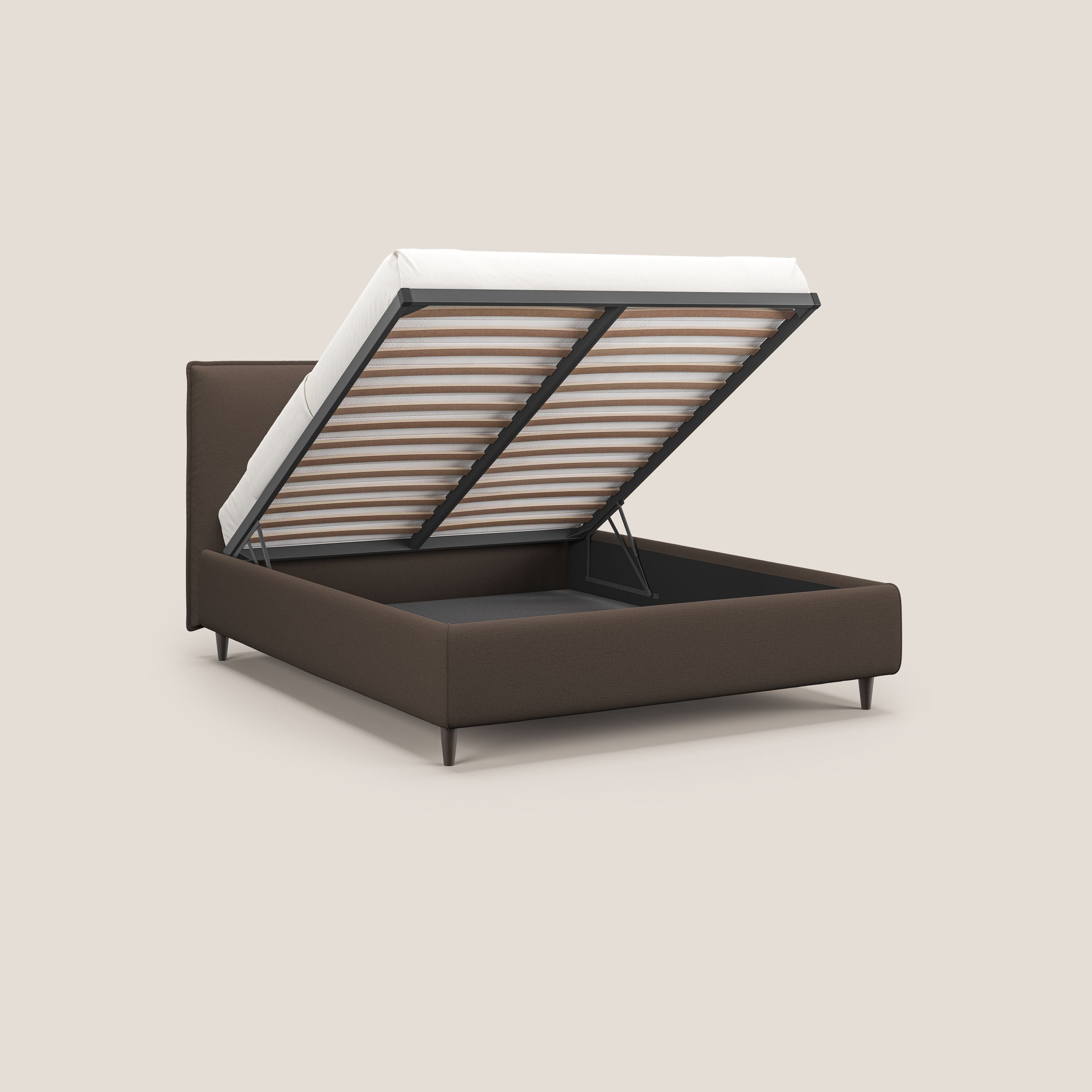 Hunter letto imbottito contenitore sfoderabile in tessuto impermeabile fiammato T19 marrone - divani.store