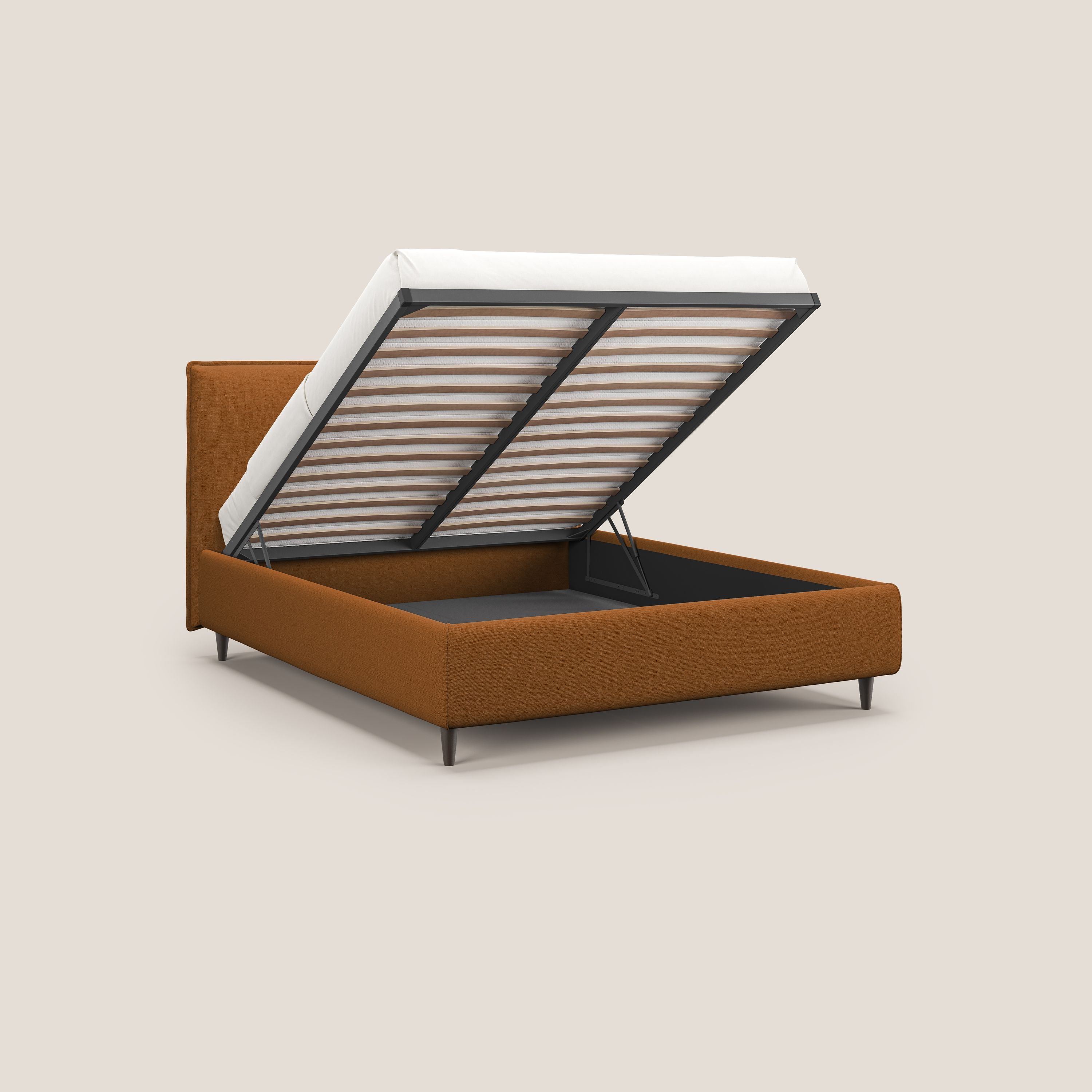 Hunter letto imbottito contenitore sfoderabile in tessuto impermeabile fiammato T19 arancio - divani.store