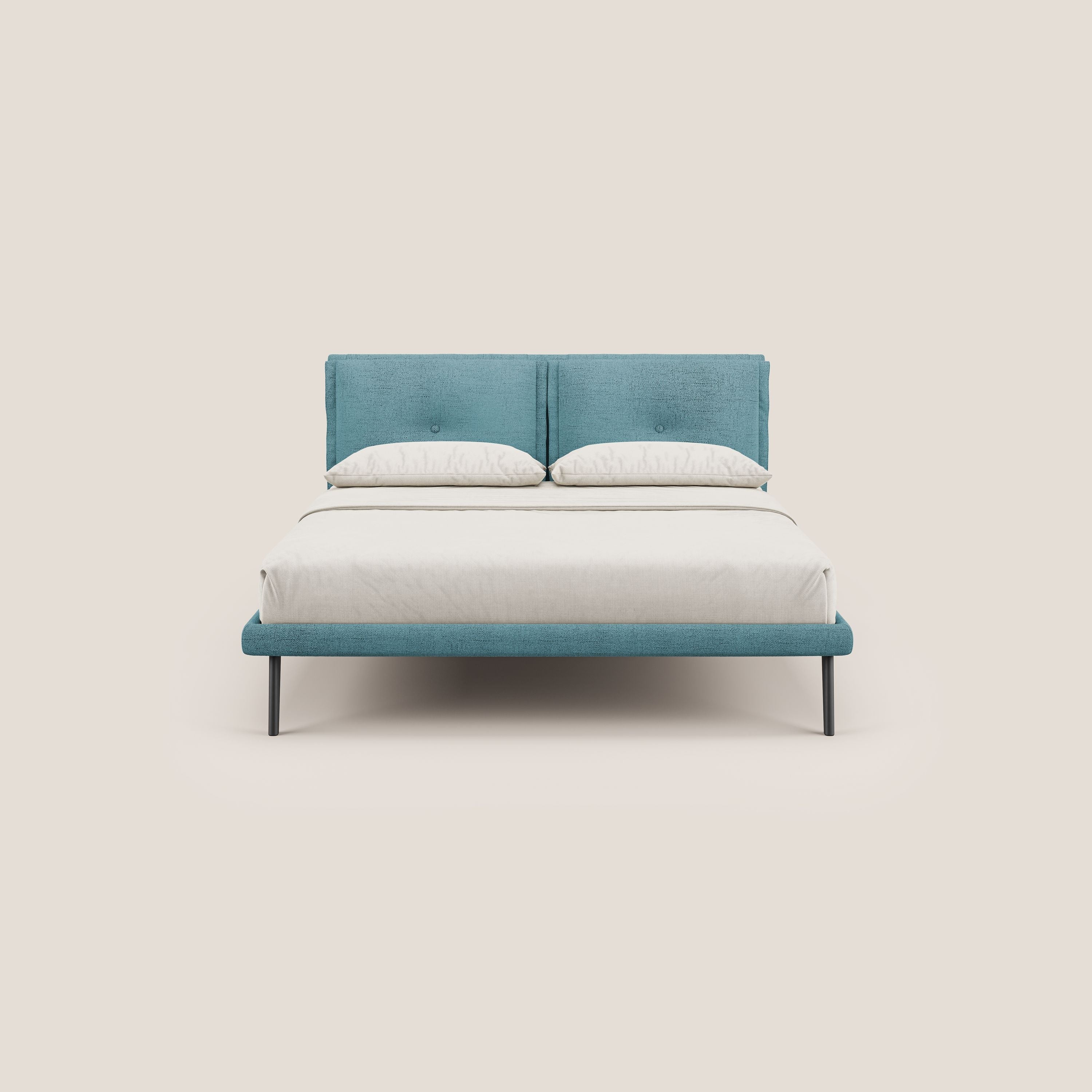 Ibuki letto con cuscini trapuntati regolabili e piedi in mogano in tessuto fiammato impermeabile T03 azzurro - divani.store