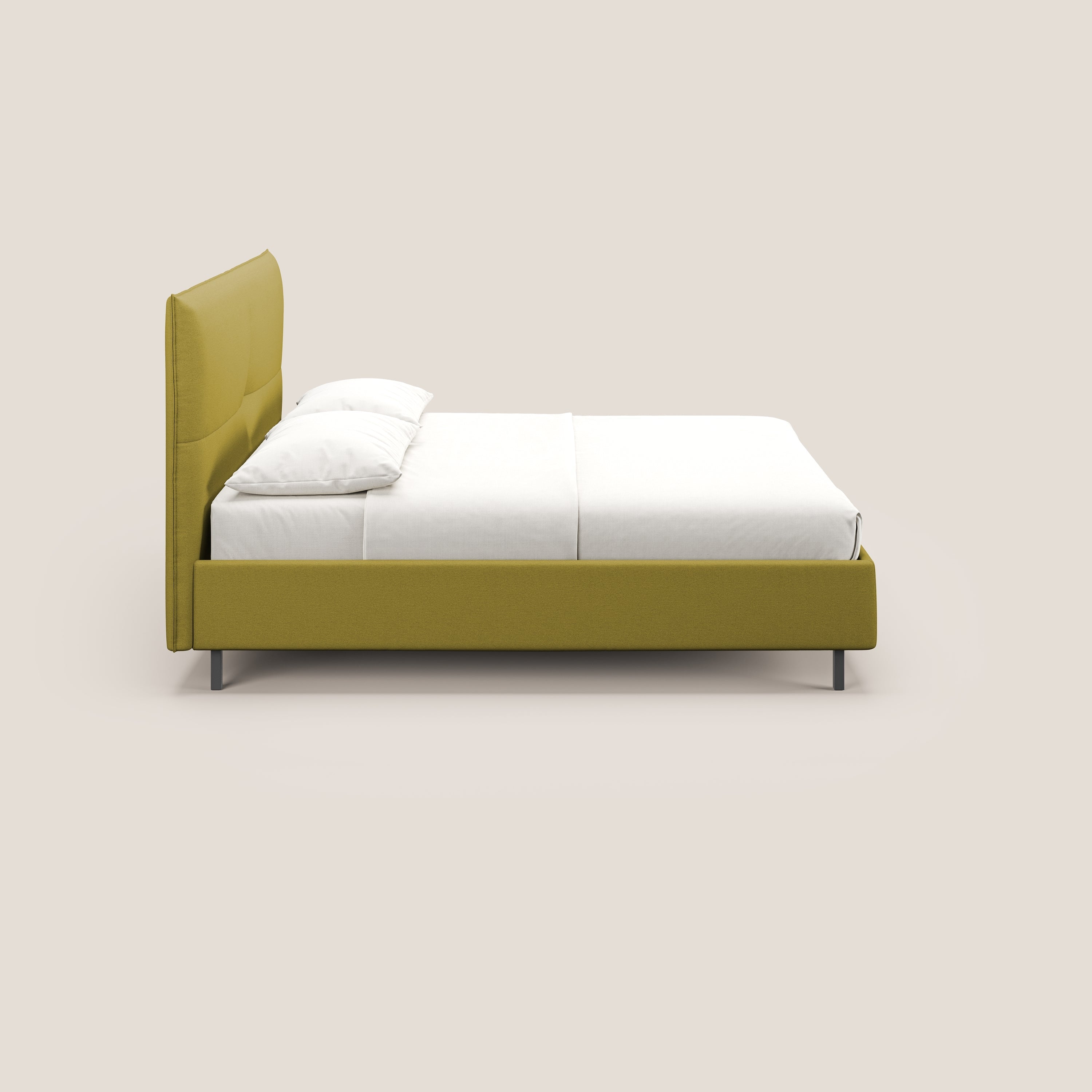 Izumi letto imbottito contenitore con piedi alti in tessuto smacchiabile T05 giallo - divani.store