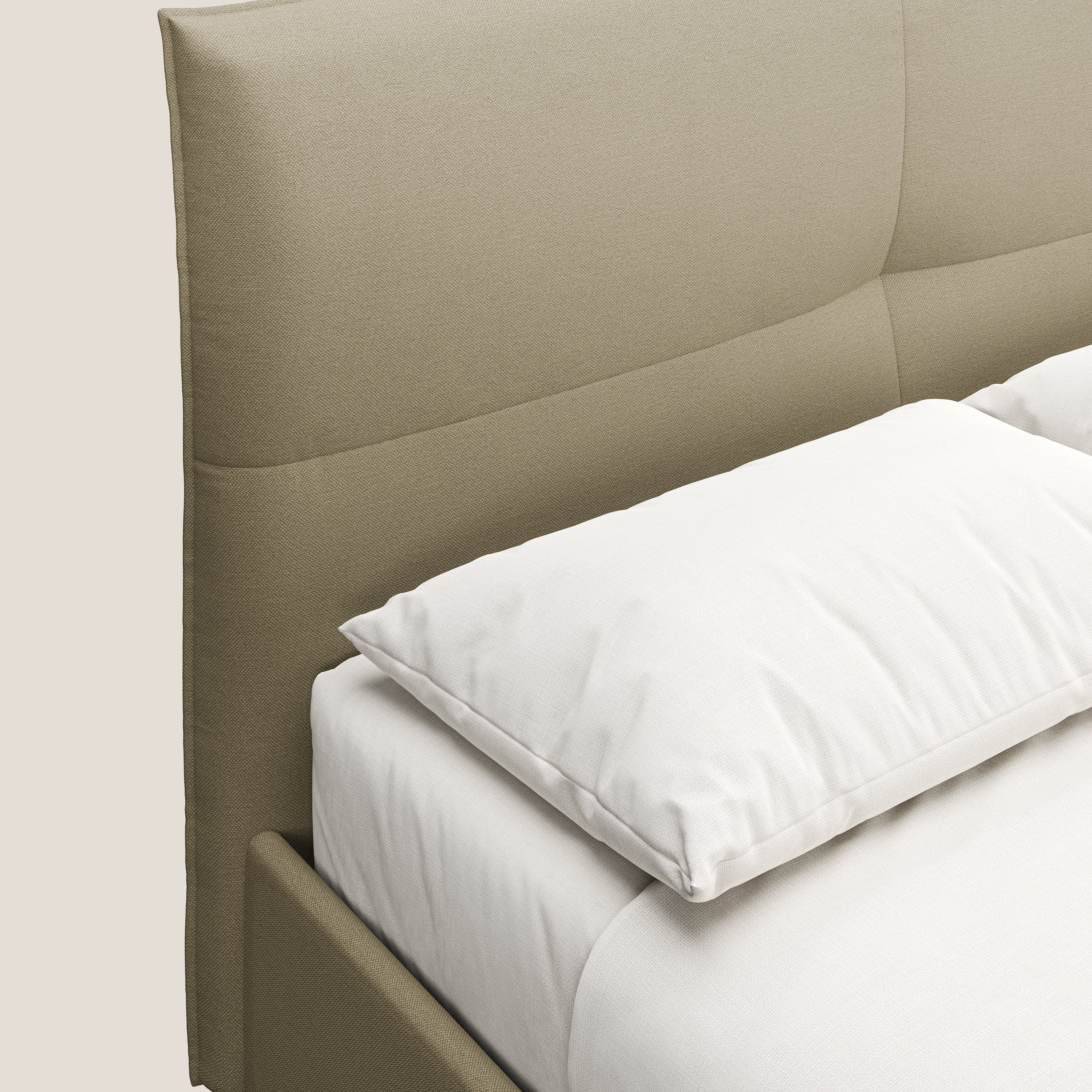 Izumi letto imbottito contenitore con piedi alti in tessuto smacchiabile T05 cammello - divani.store
