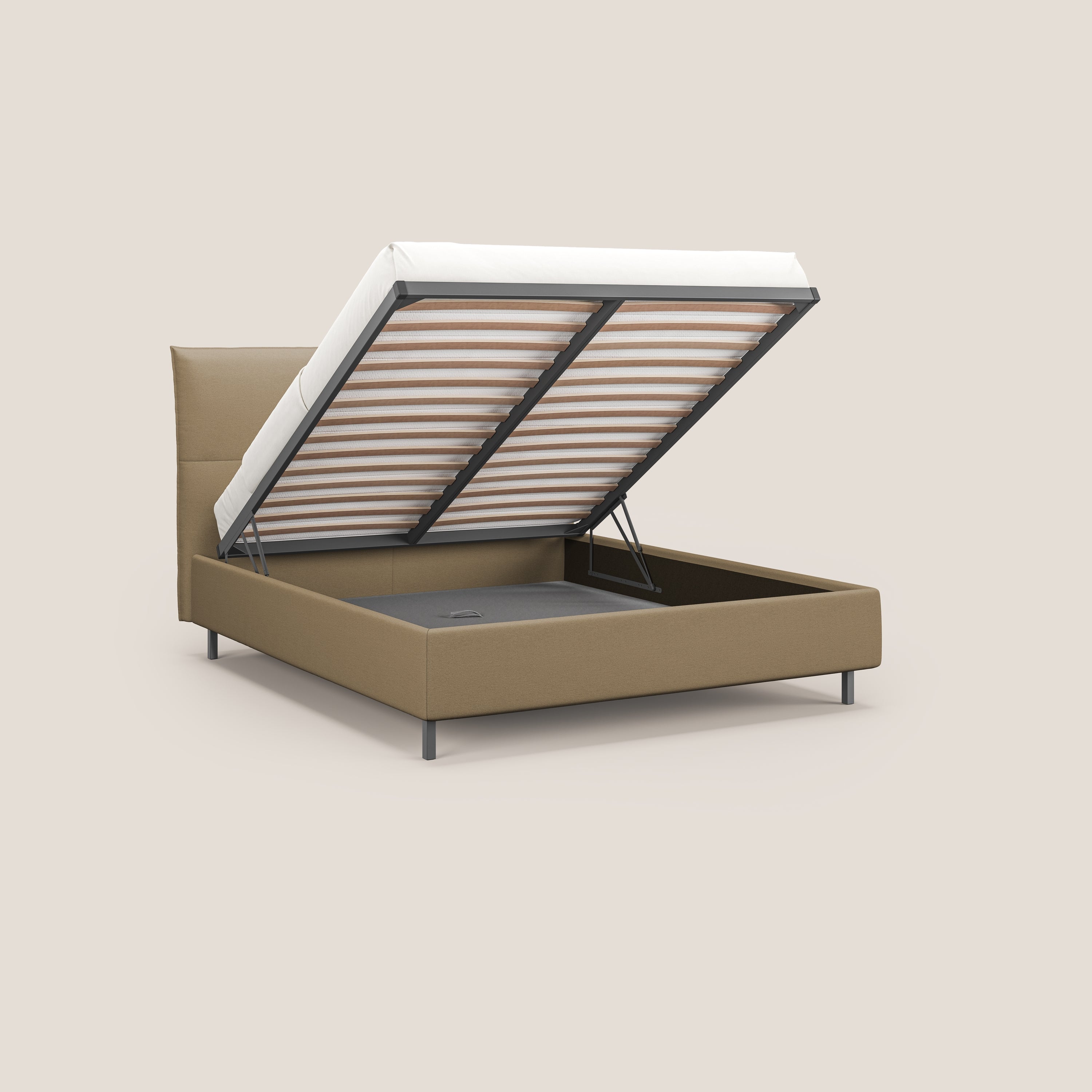 Izumi letto imbottito contenitore con piedi alti in tessuto smacchiabile T05 beige - divani.store