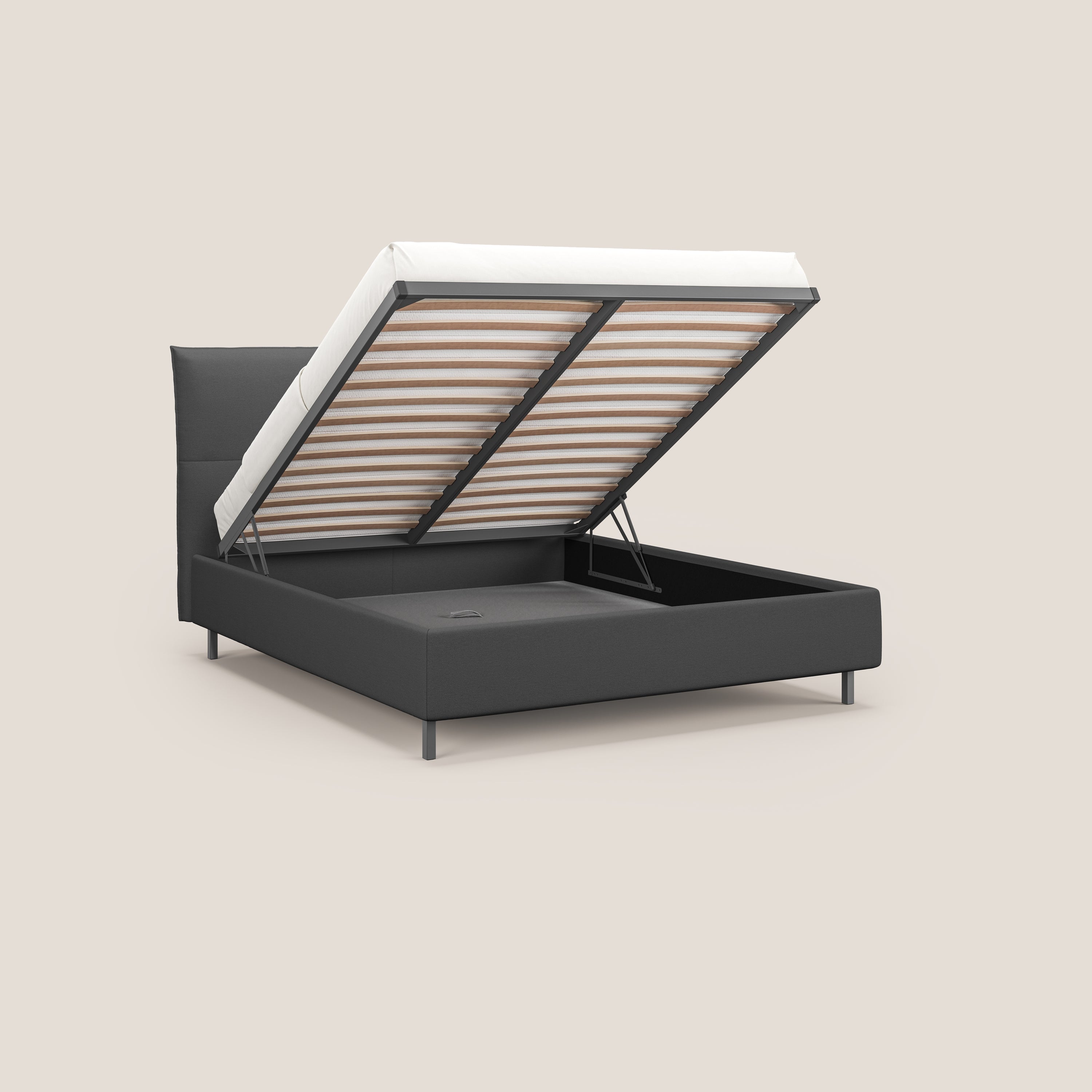 Izumi letto imbottito contenitore con piedi alti in tessuto smacchiabile T05 antracite - divani.store