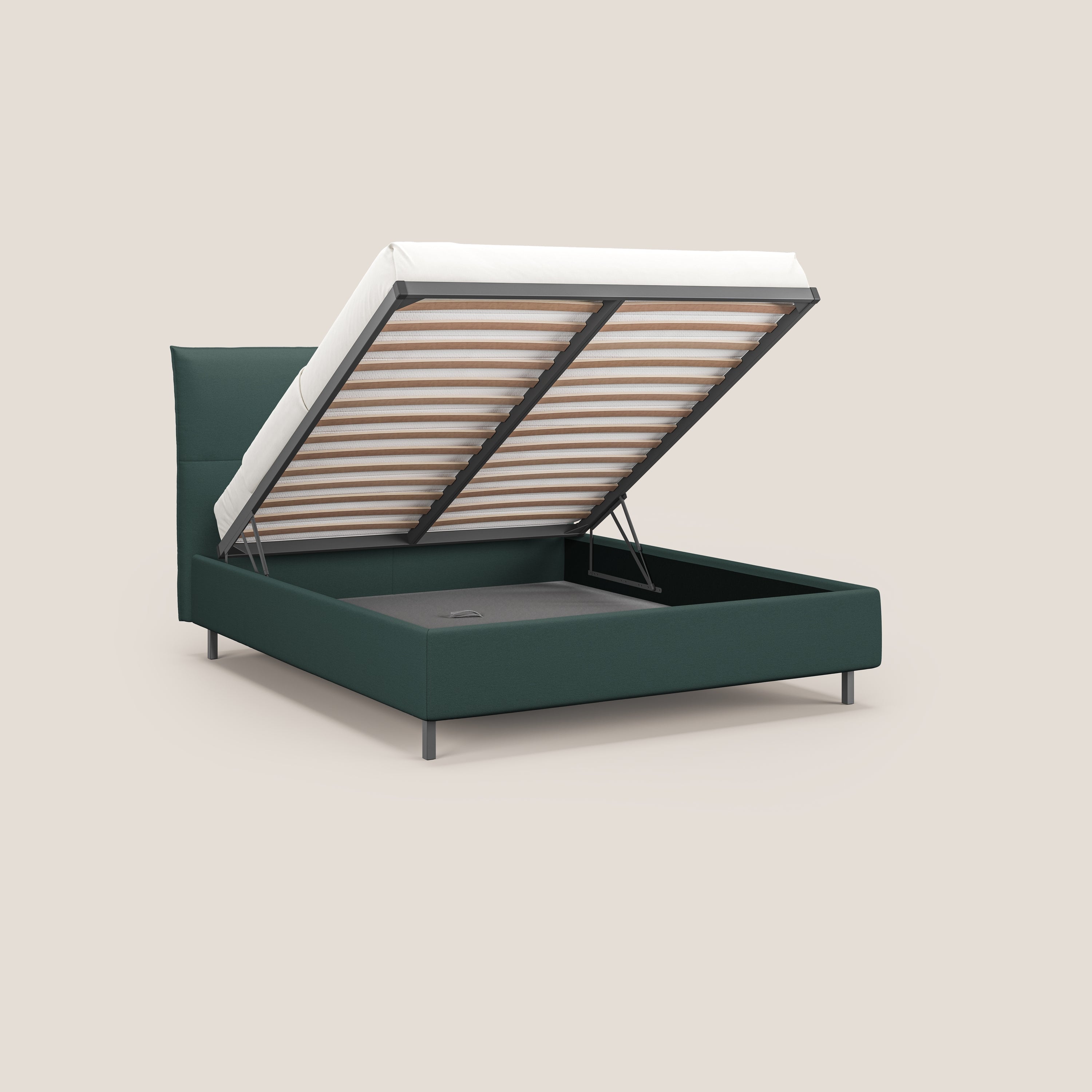 Izumi letto imbottito contenitore con piedi alti in tessuto smacchiabile T05 verde - divani.store