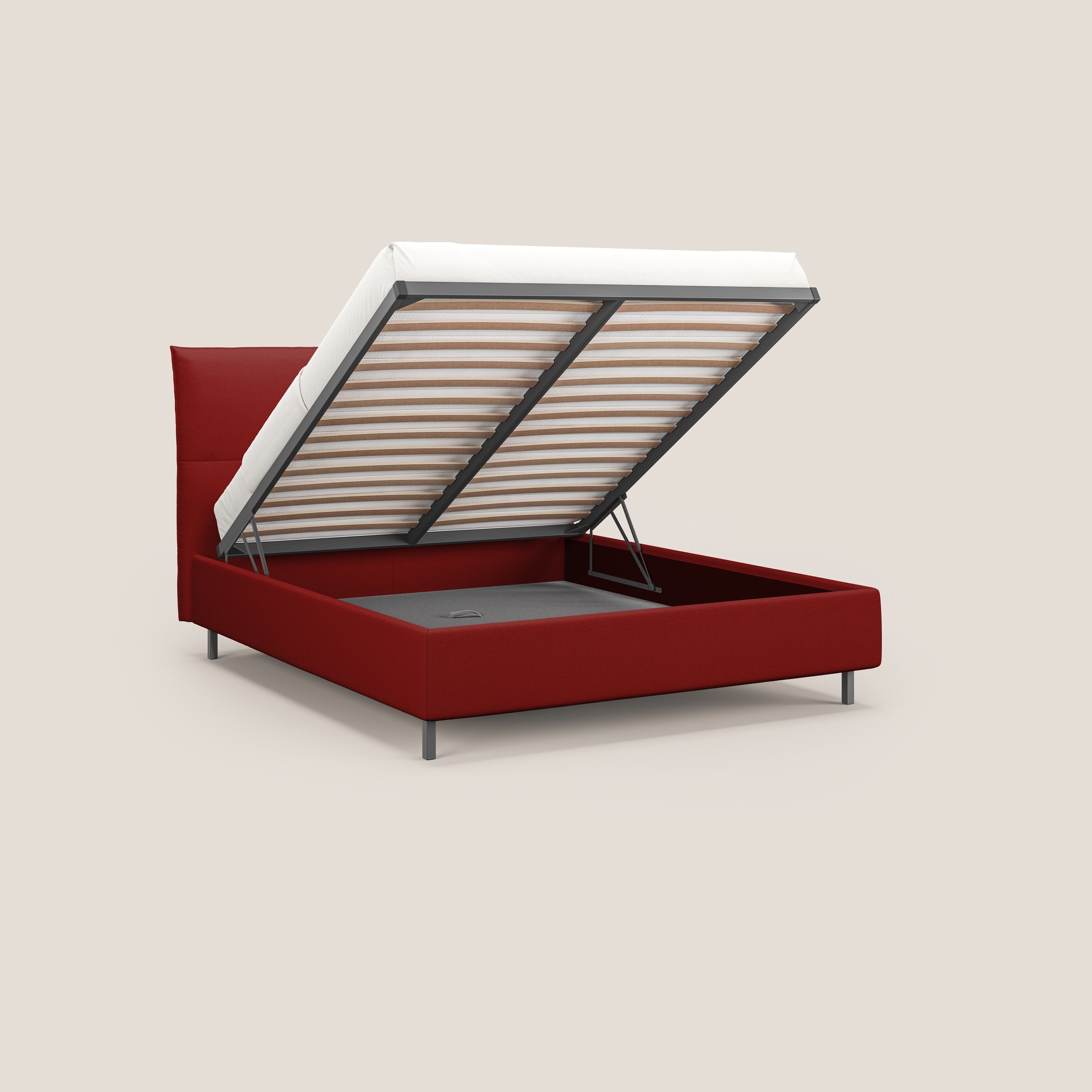 Izumi letto imbottito contenitore con piedi alti in tessuto smacchiabile T05 rosso - divani.store